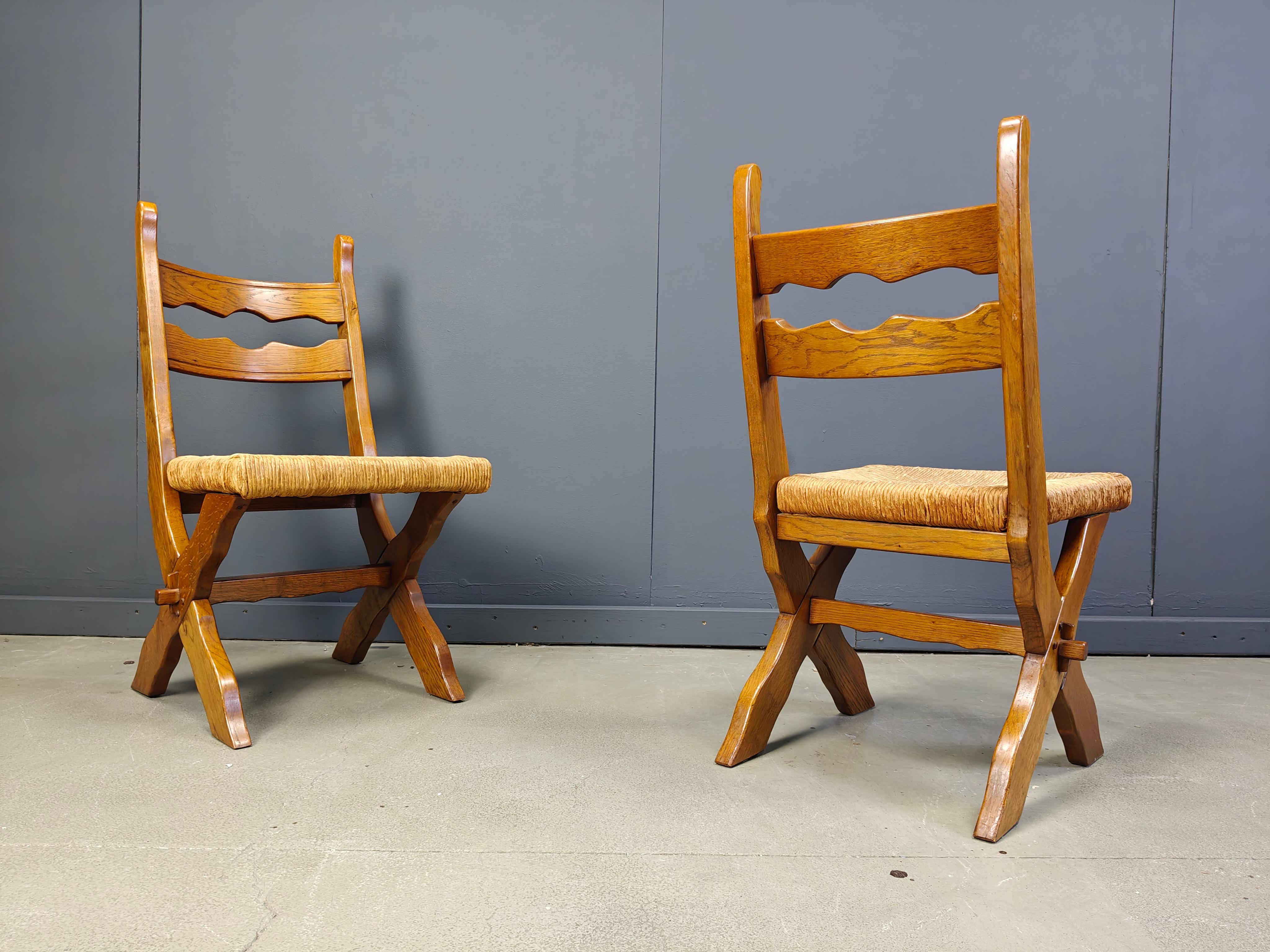 Spanish Vintage oak and wicker brutalist chairs, 1960s - set of 6 For Sale