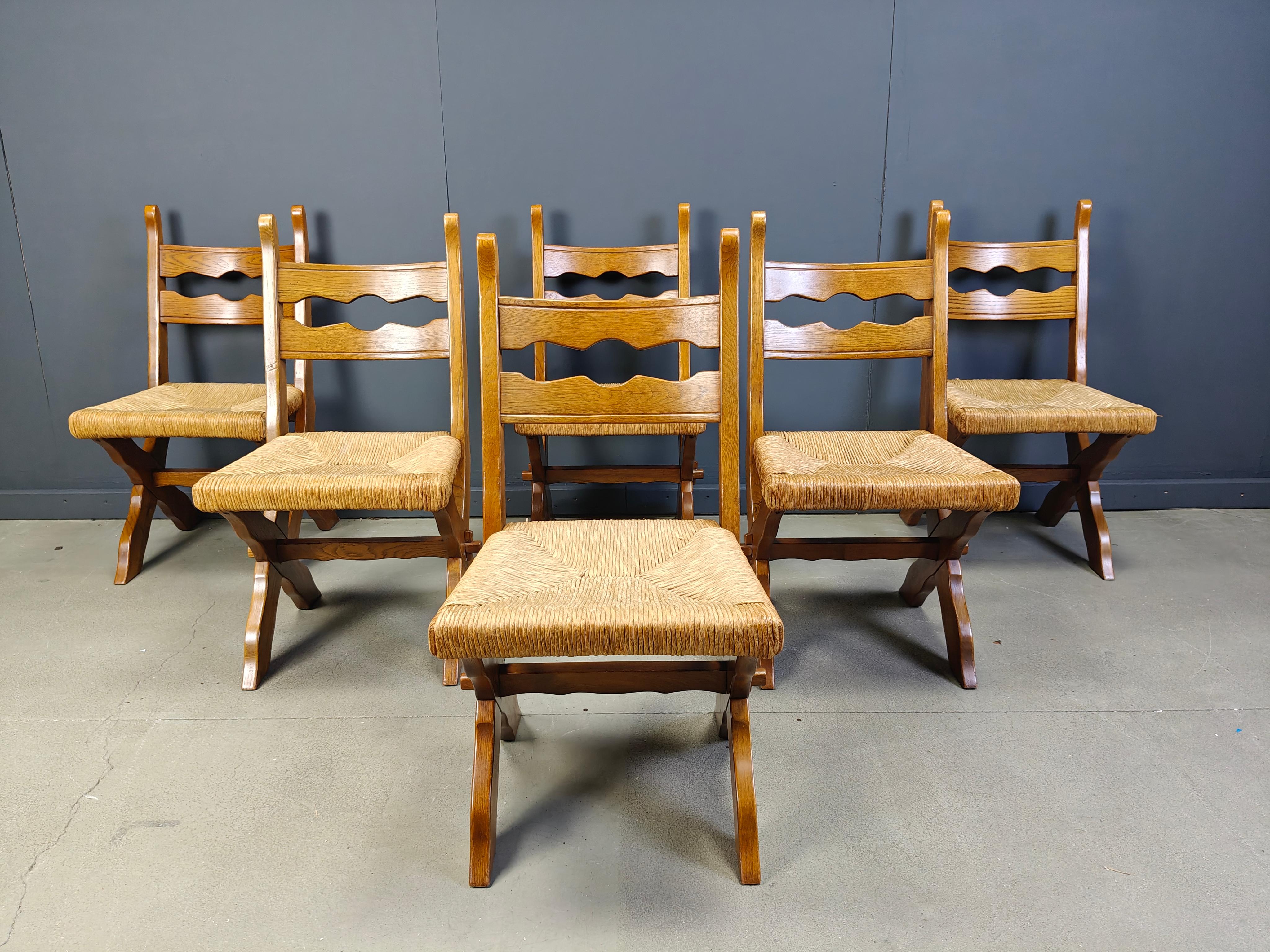Mid-20th Century Vintage oak and wicker brutalist chairs, 1960s - set of 6 For Sale