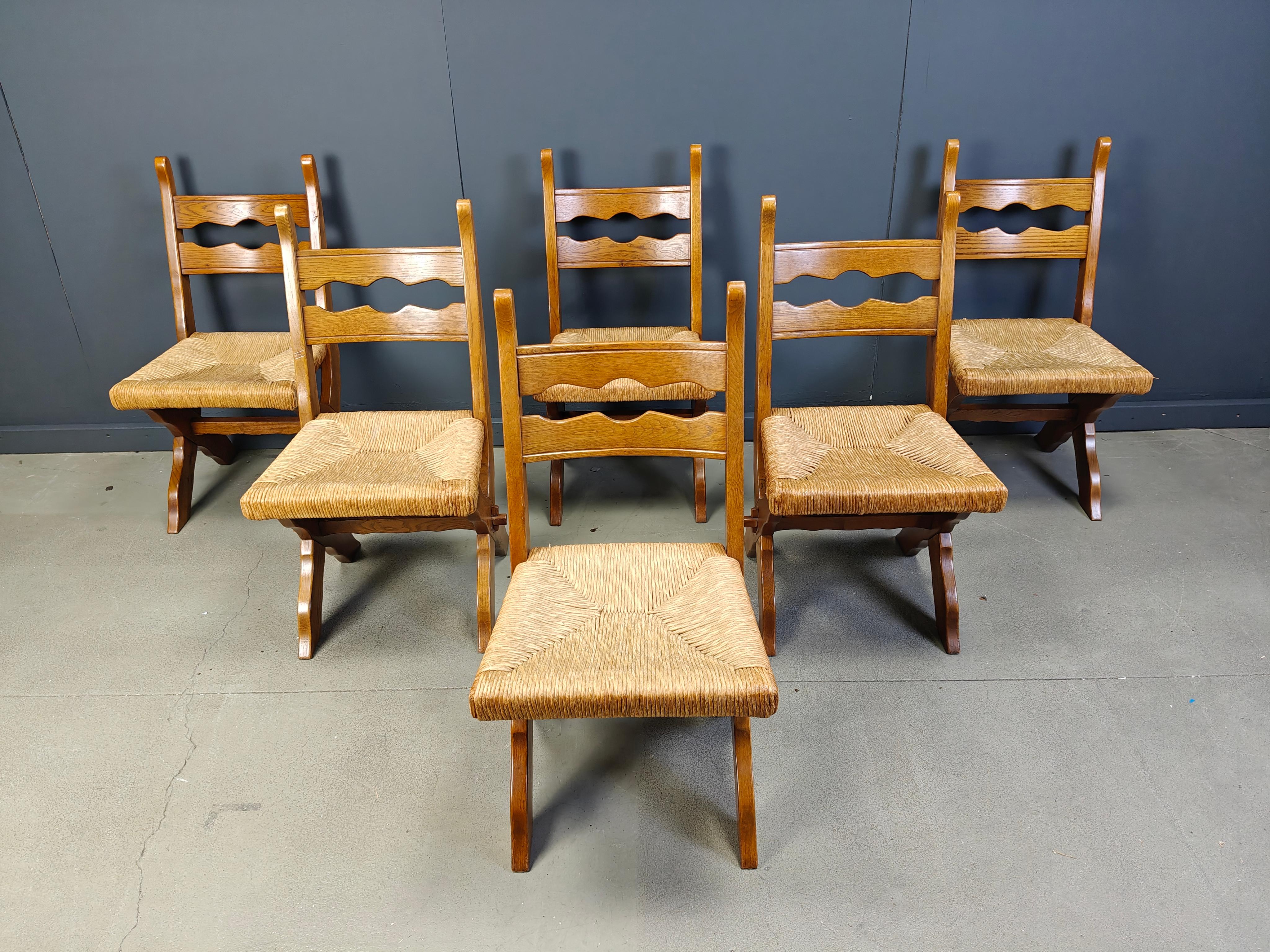 Wicker Vintage oak and wicker brutalist chairs, 1960s - set of 6 For Sale