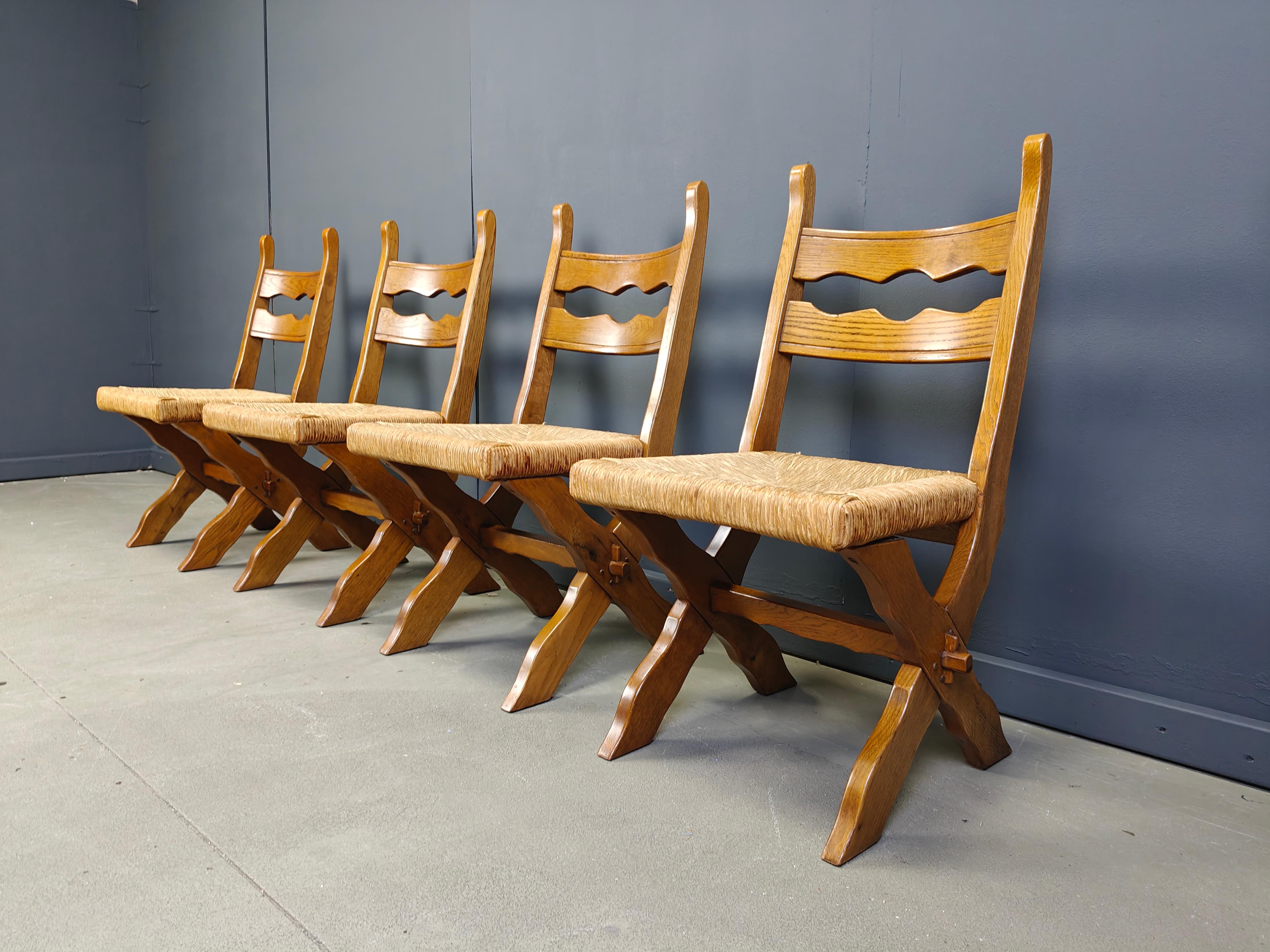 Vintage oak and wicker brutalist chairs, 1960s - set of 6 For Sale 1