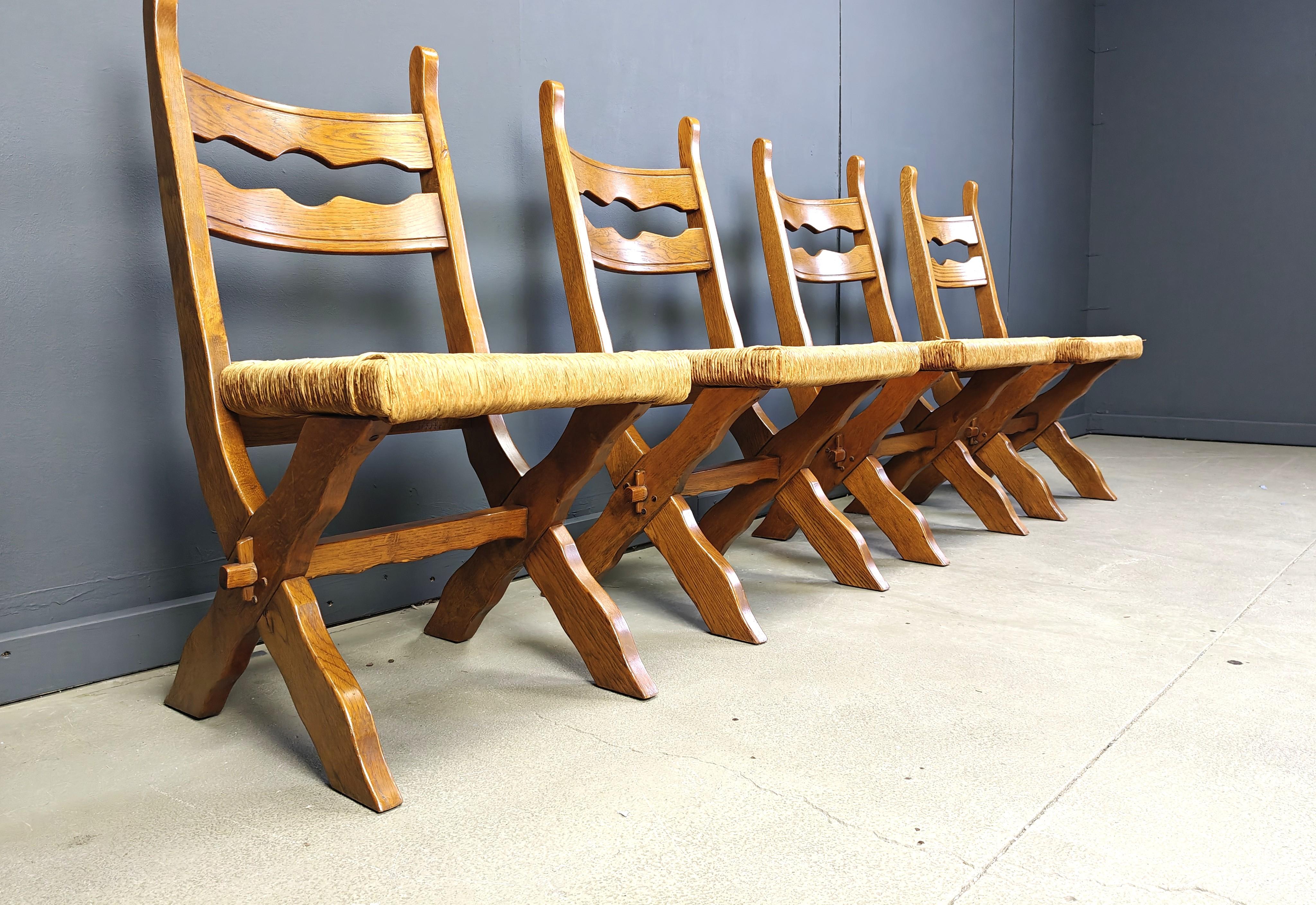 Vintage oak and wicker brutalist chairs, 1960s - set of 6 For Sale 2