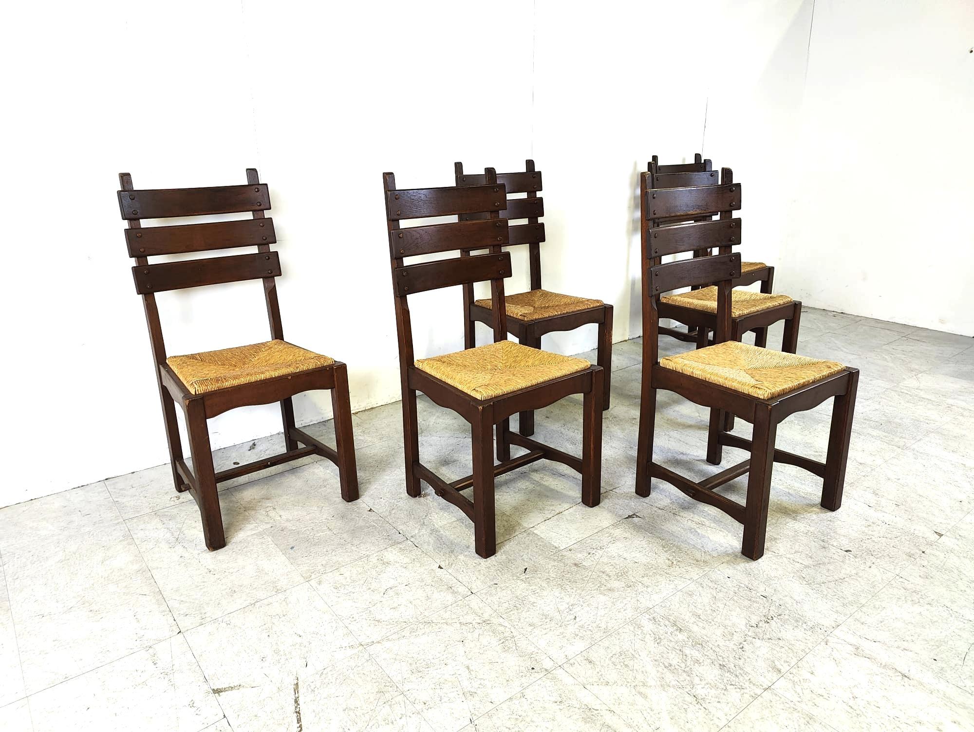 Vintage oak and wicker brutalist dining chairs, 1960s  For Sale 3