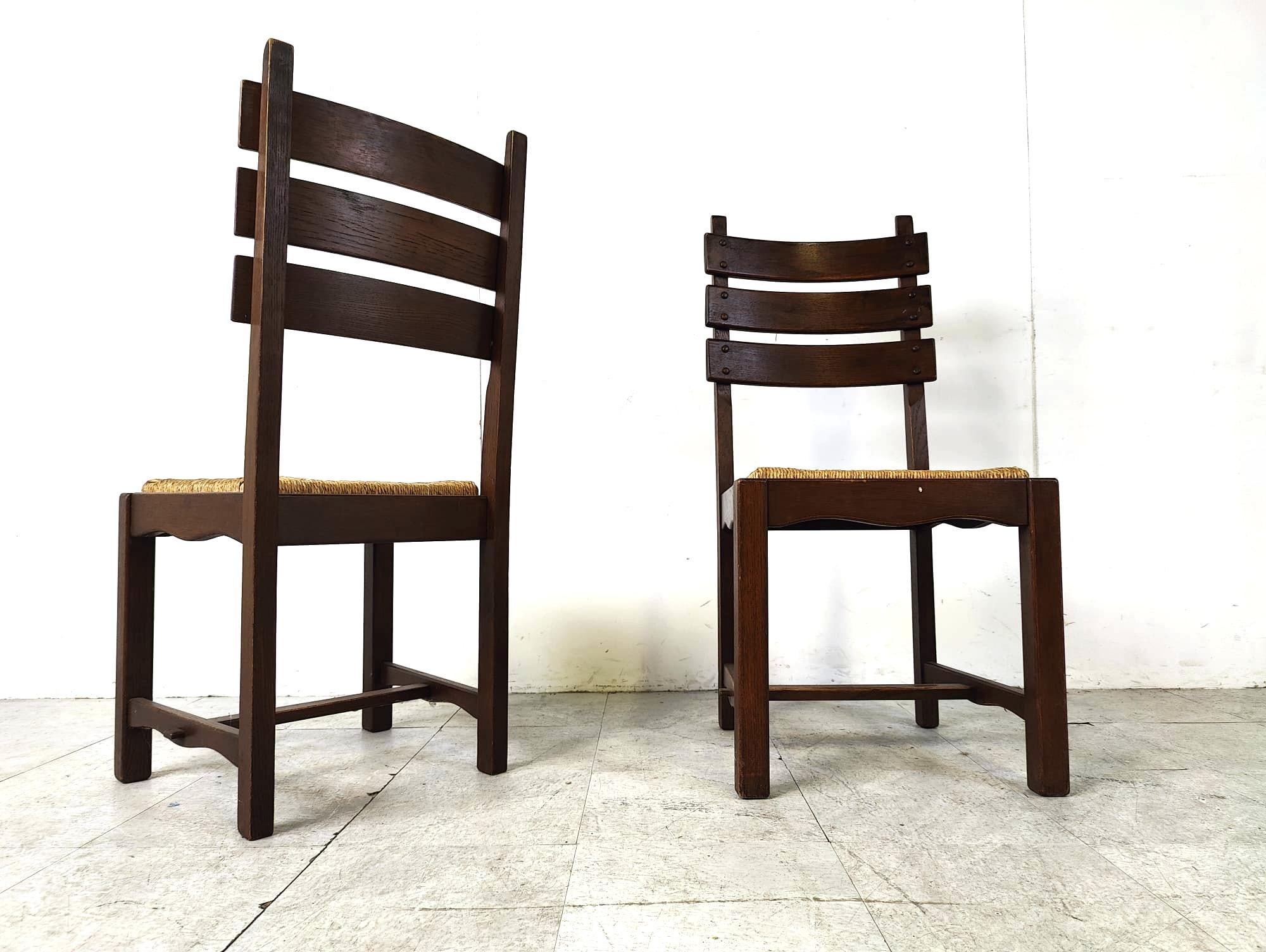 Vintage oak and wicker brutalist dining chairs, 1960s  For Sale 4