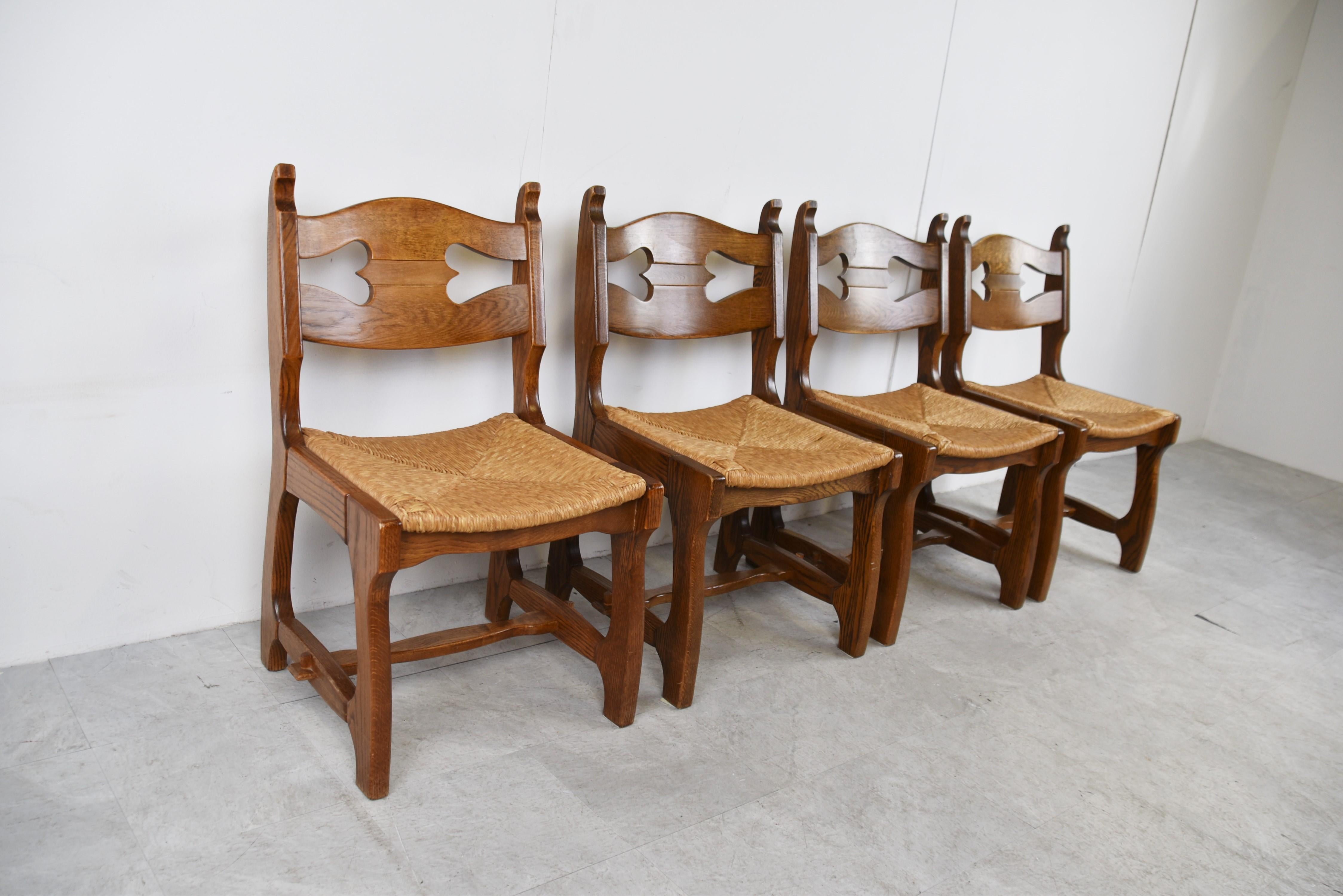 Vintage Oak and Wicker Brutalist Dining Chairs, 1960s For Sale 7
