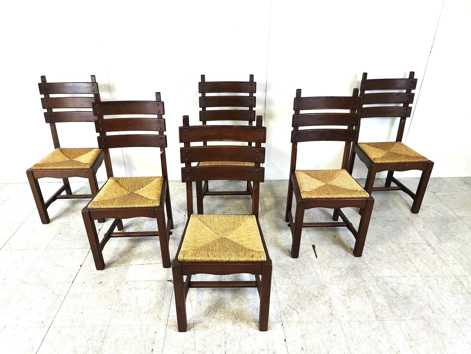Brutalist Vintage oak and wicker brutalist dining chairs, 1960s  For Sale