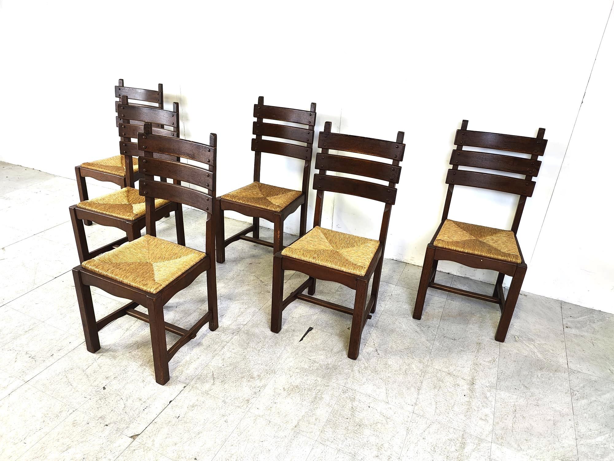 Belgian Vintage oak and wicker brutalist dining chairs, 1960s  For Sale