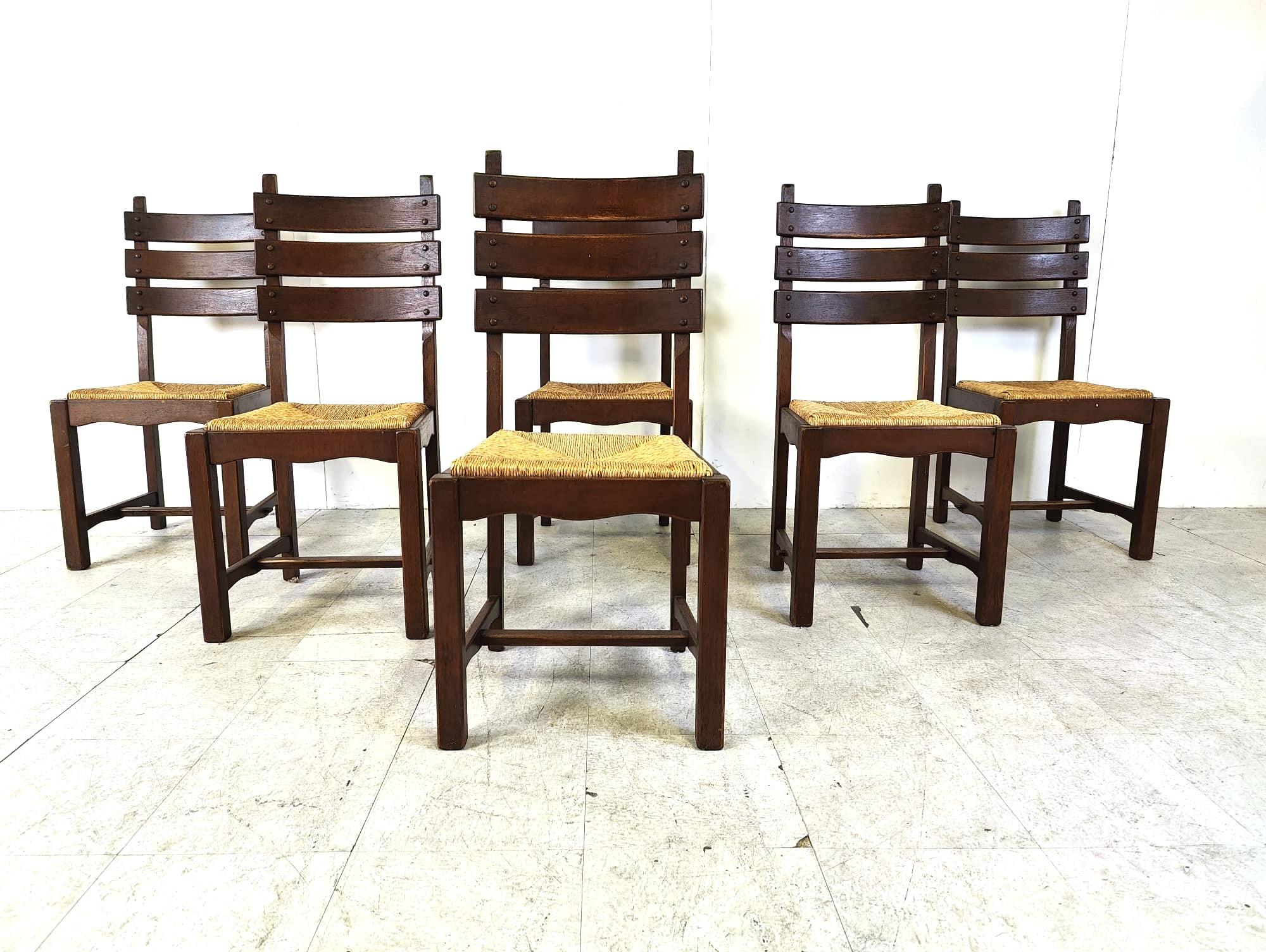 Vintage oak and wicker brutalist dining chairs, 1960s  In Good Condition For Sale In HEVERLEE, BE