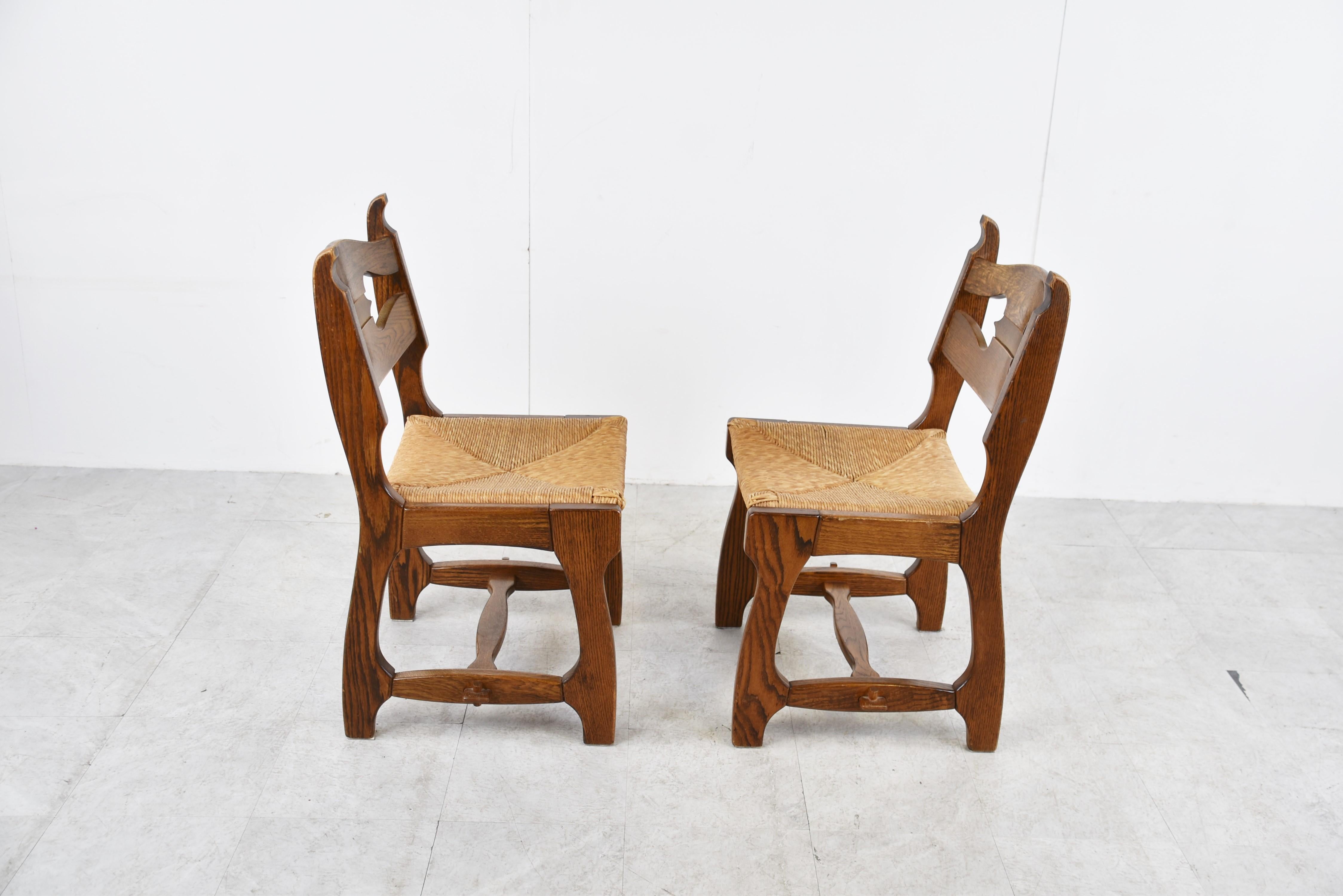 Vintage Oak and Wicker Brutalist Dining Chairs, 1960s For Sale 1