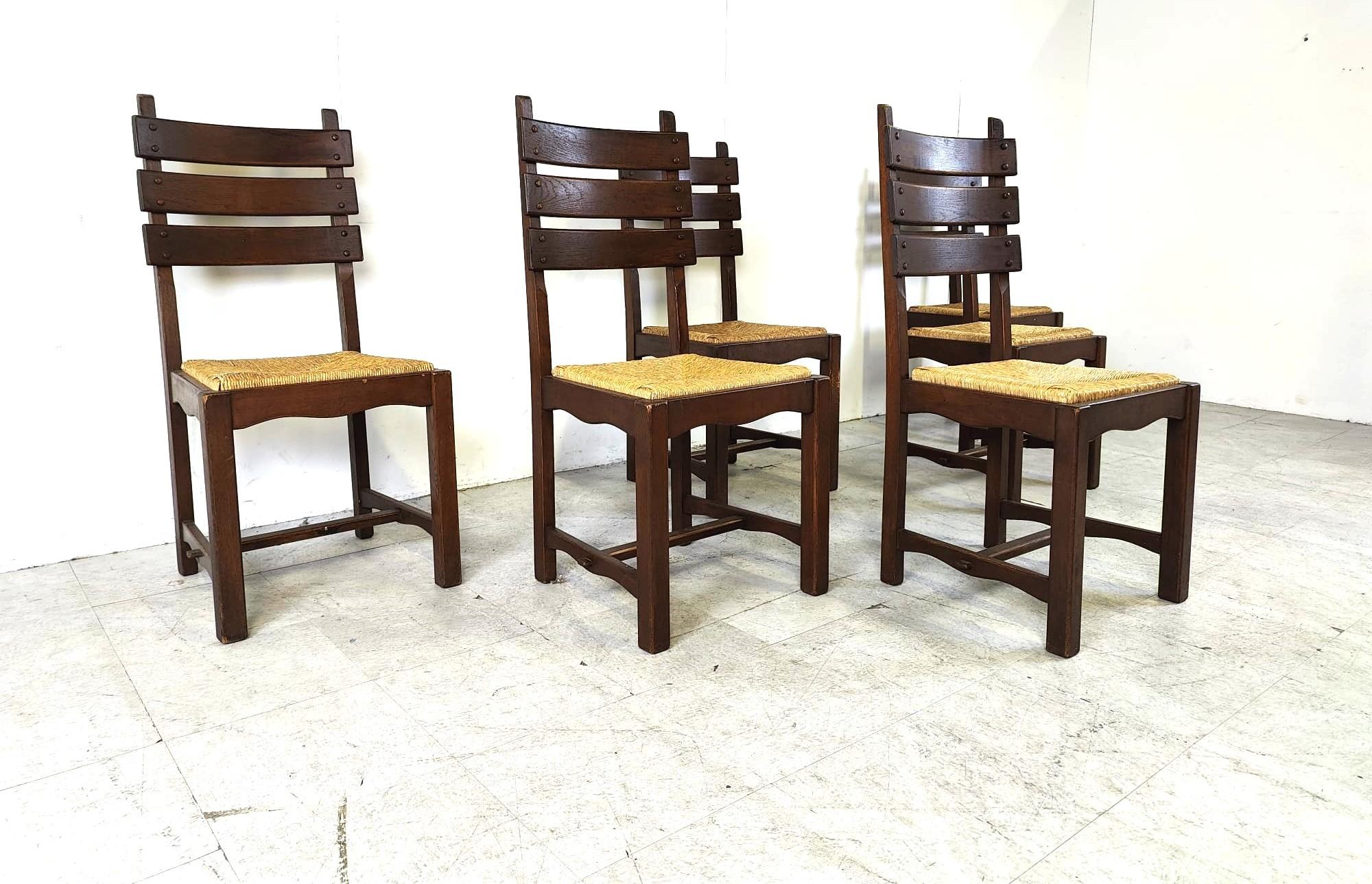 Wicker Vintage oak and wicker brutalist dining chairs, 1960s  For Sale