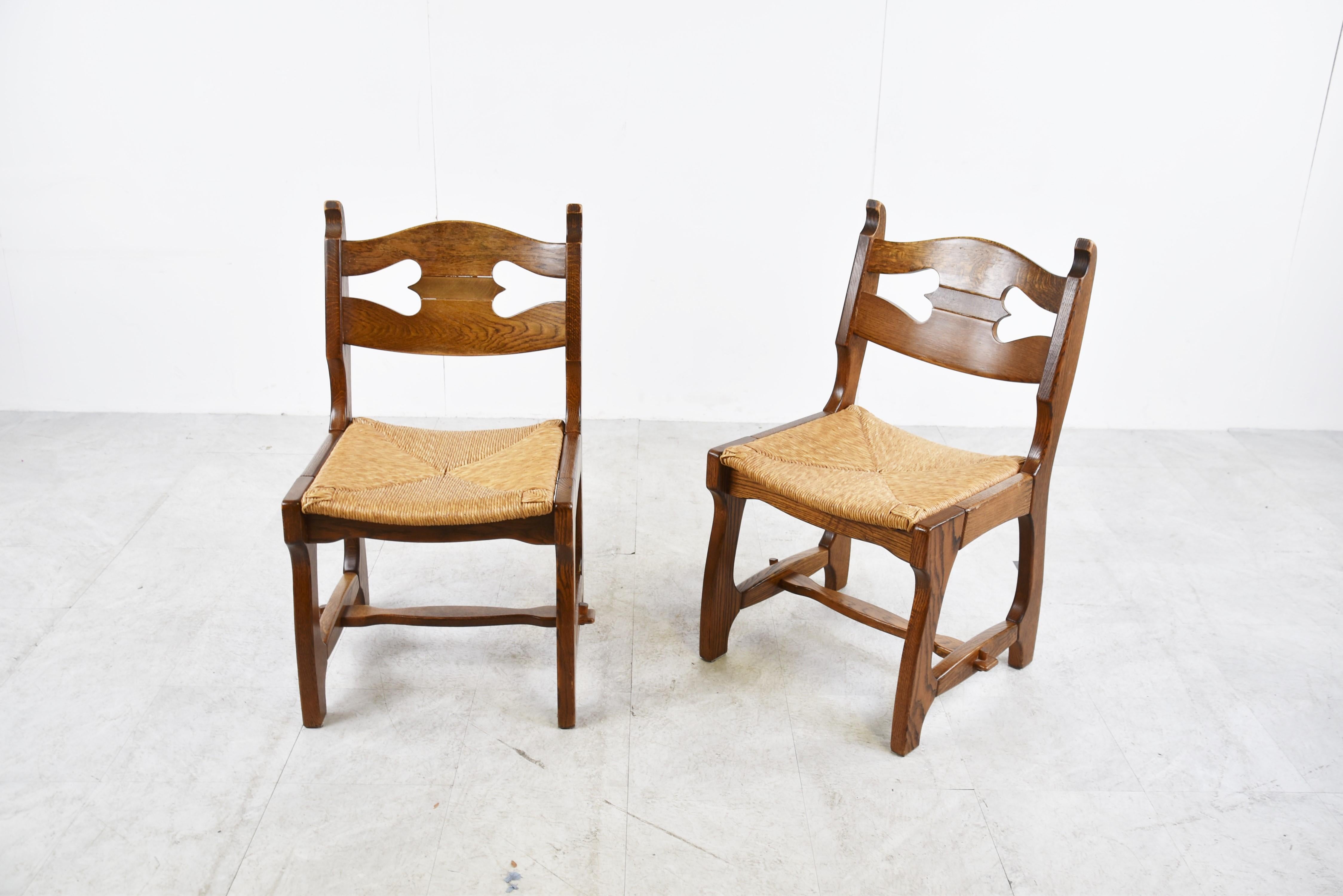 Vintage Oak and Wicker Brutalist Dining Chairs, 1960s For Sale 3