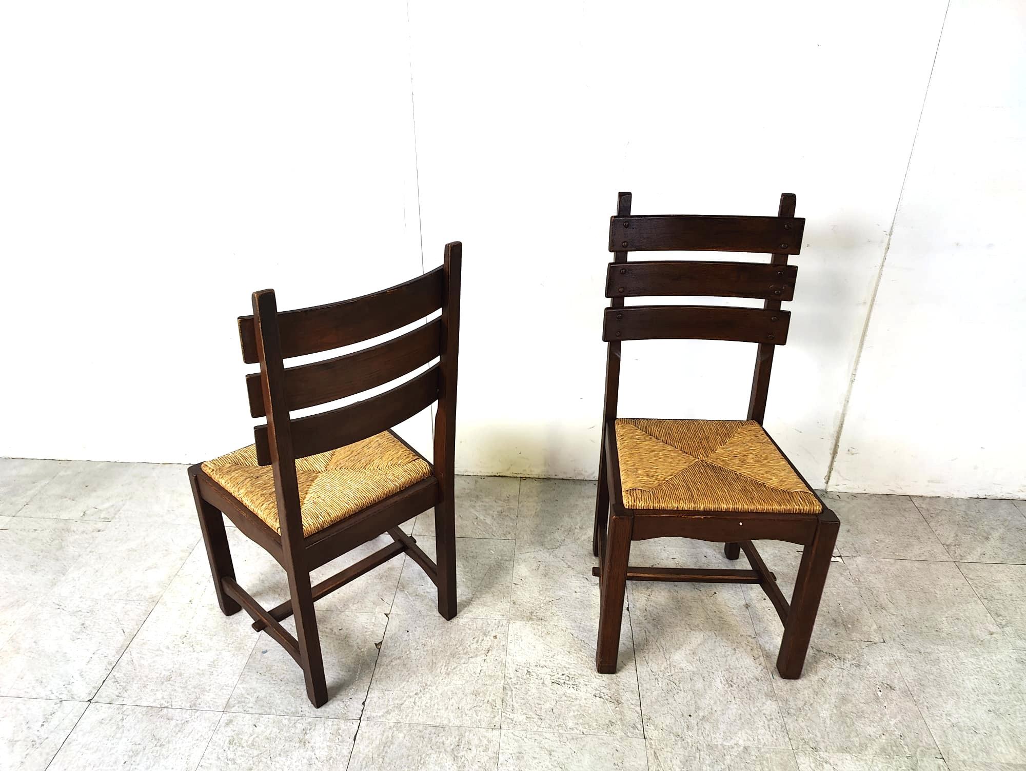 Vintage oak and wicker brutalist dining chairs, 1960s  For Sale 1
