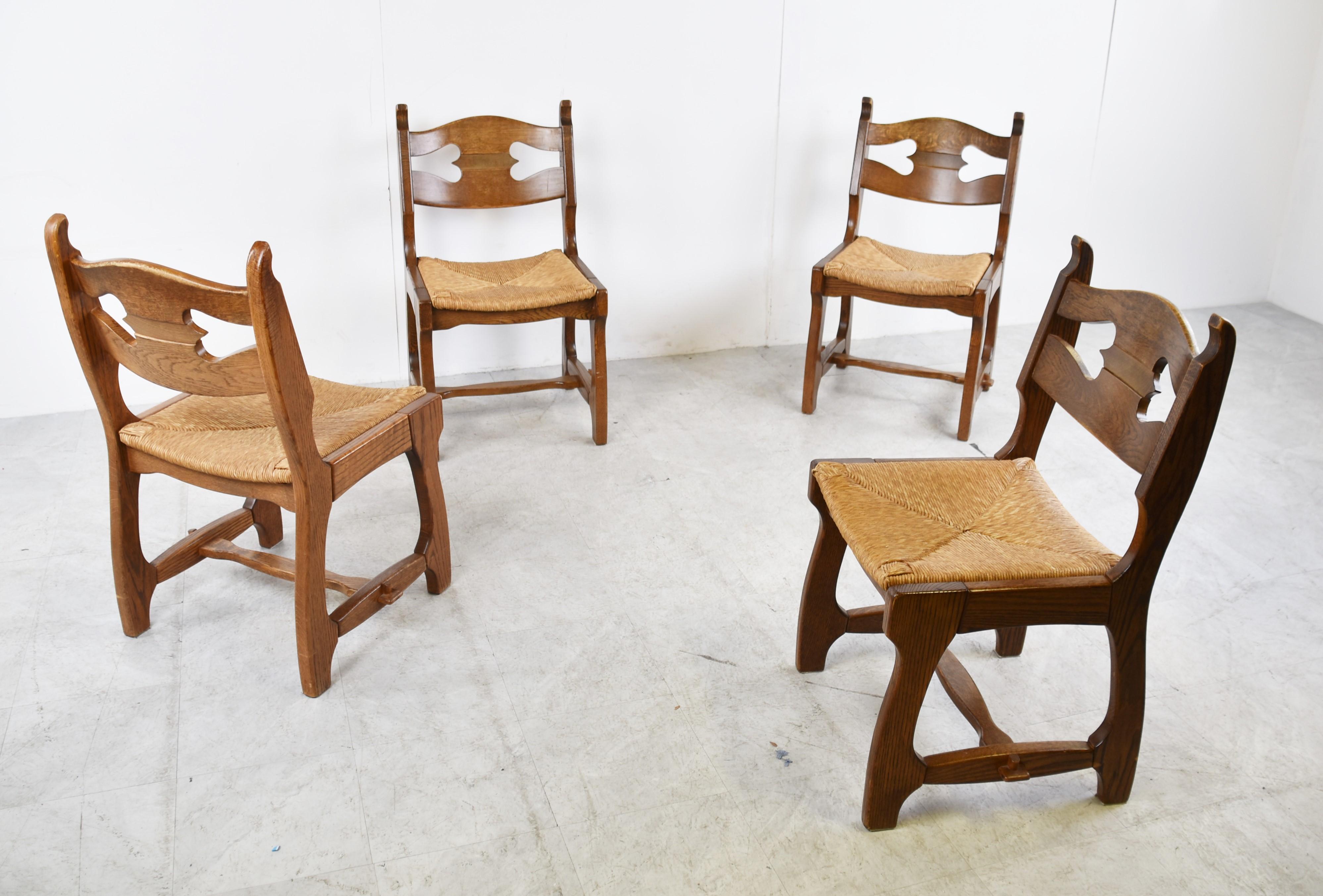 Vintage Oak and Wicker Brutalist Dining Chairs, 1960s For Sale 4
