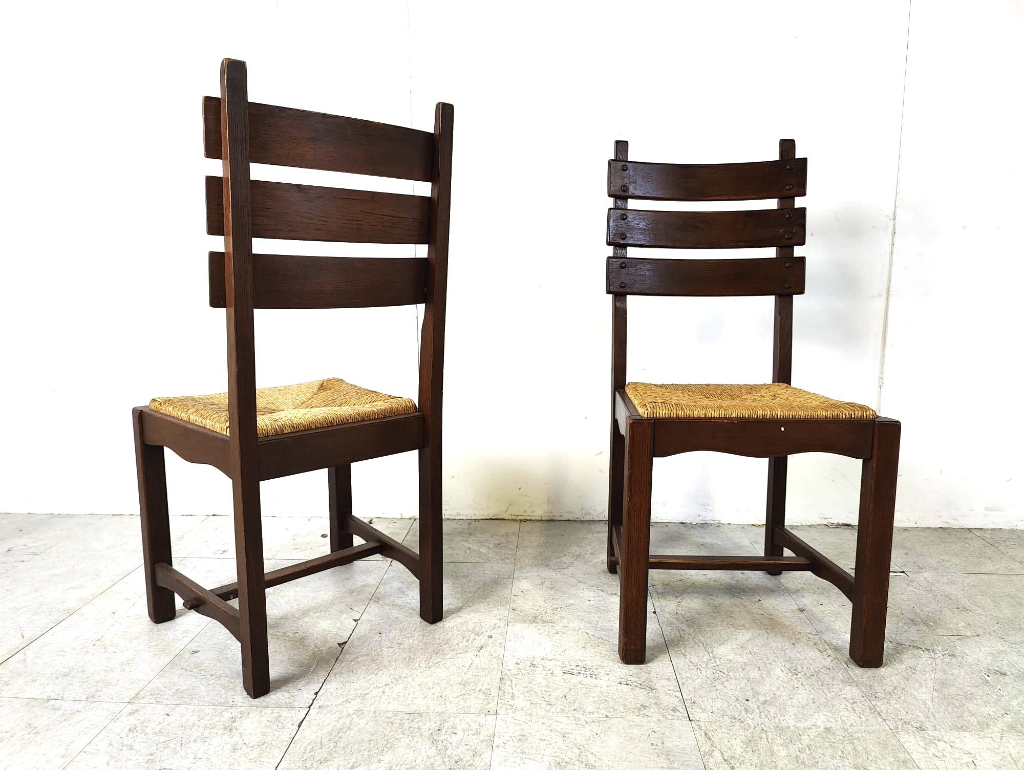 Vintage oak and wicker brutalist dining chairs, 1960s  For Sale 2