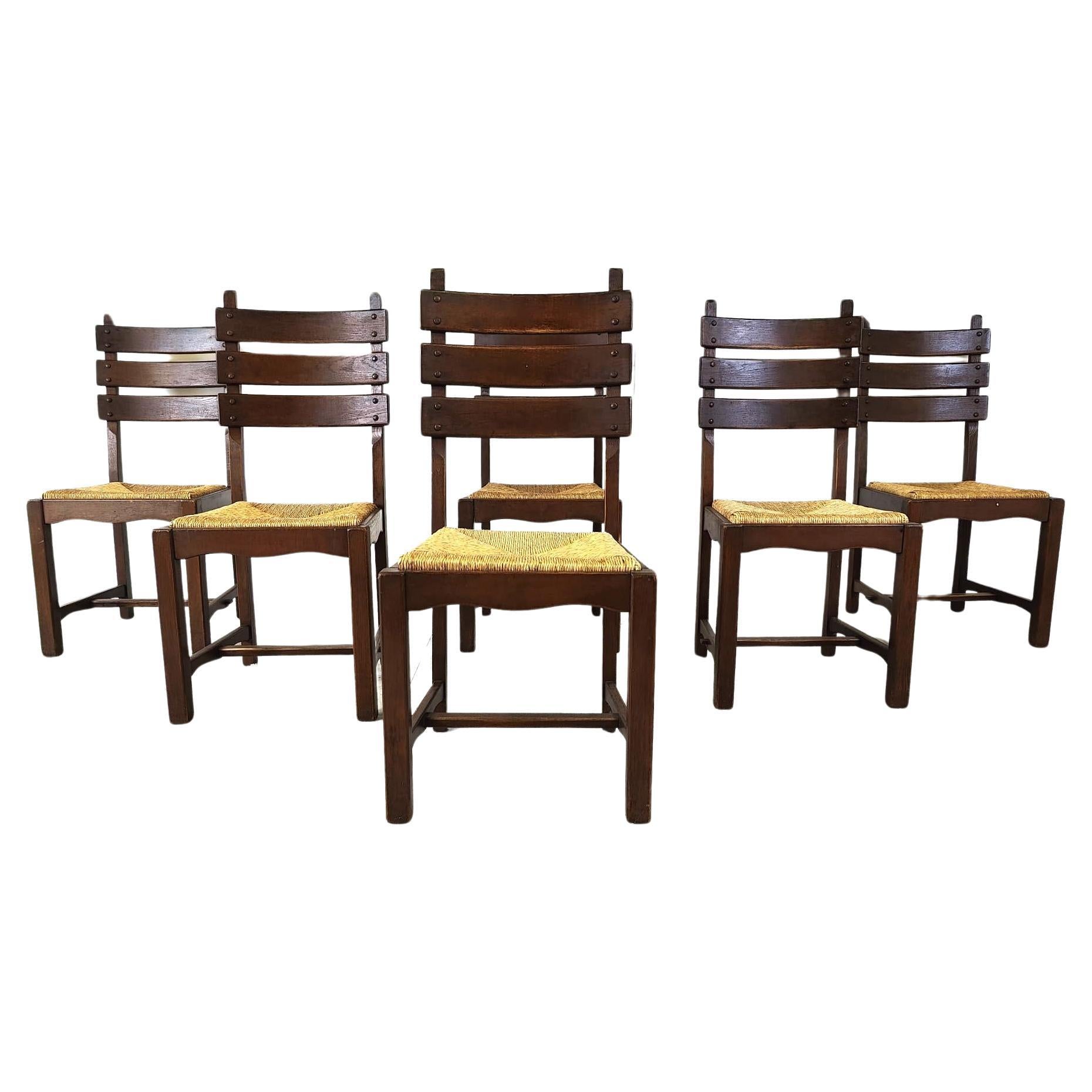 Vintage oak and wicker brutalist dining chairs, 1960s  For Sale