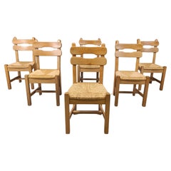 Vintage oak and wicker brutalist dining chairs, 1960s
