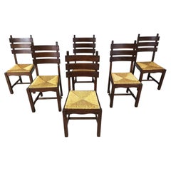 Vintage oak and wicker brutalist dining chairs, 1960s