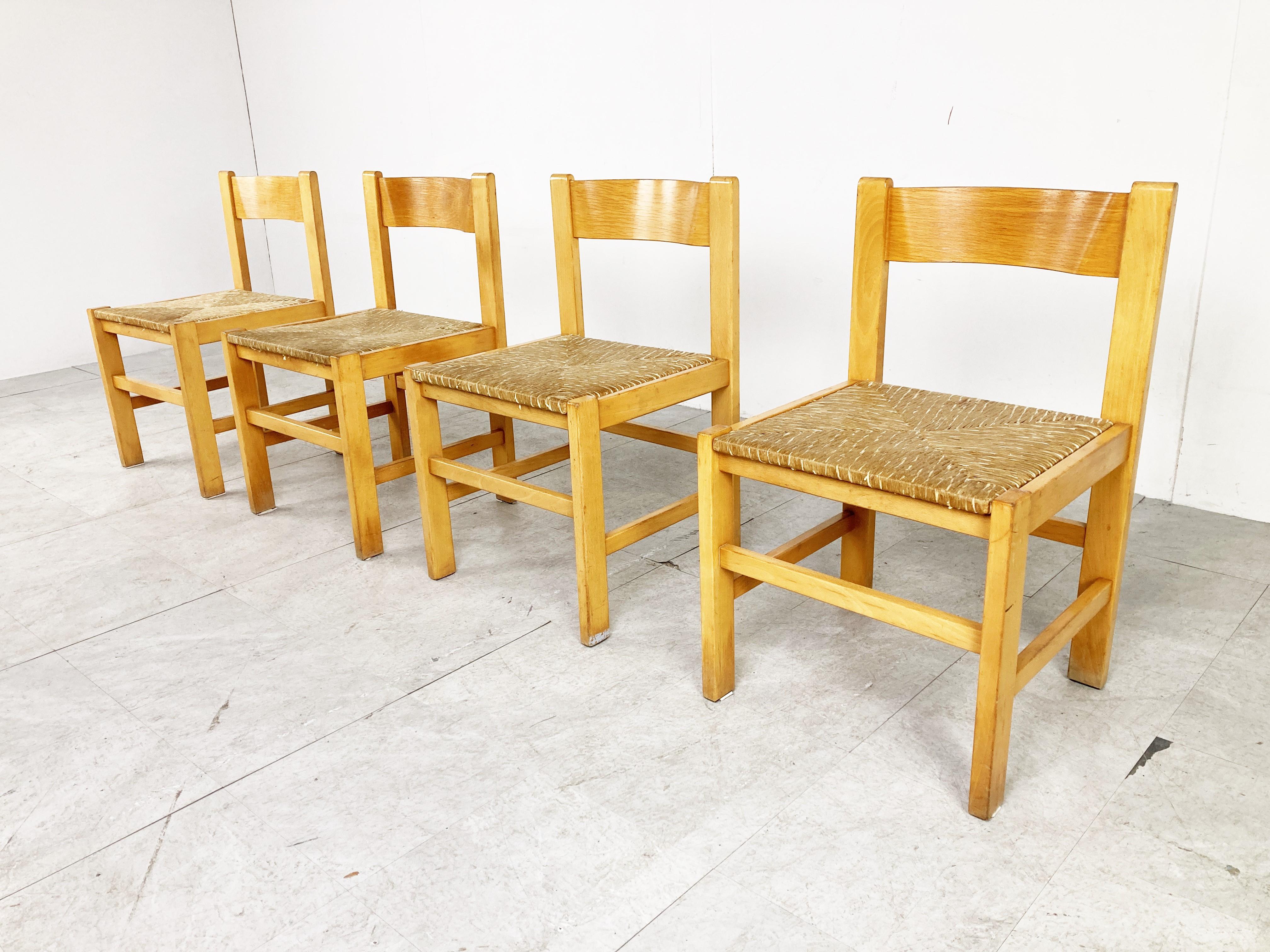 Belgian Vintage Oak and Wicker Dining Chairs, 1960s