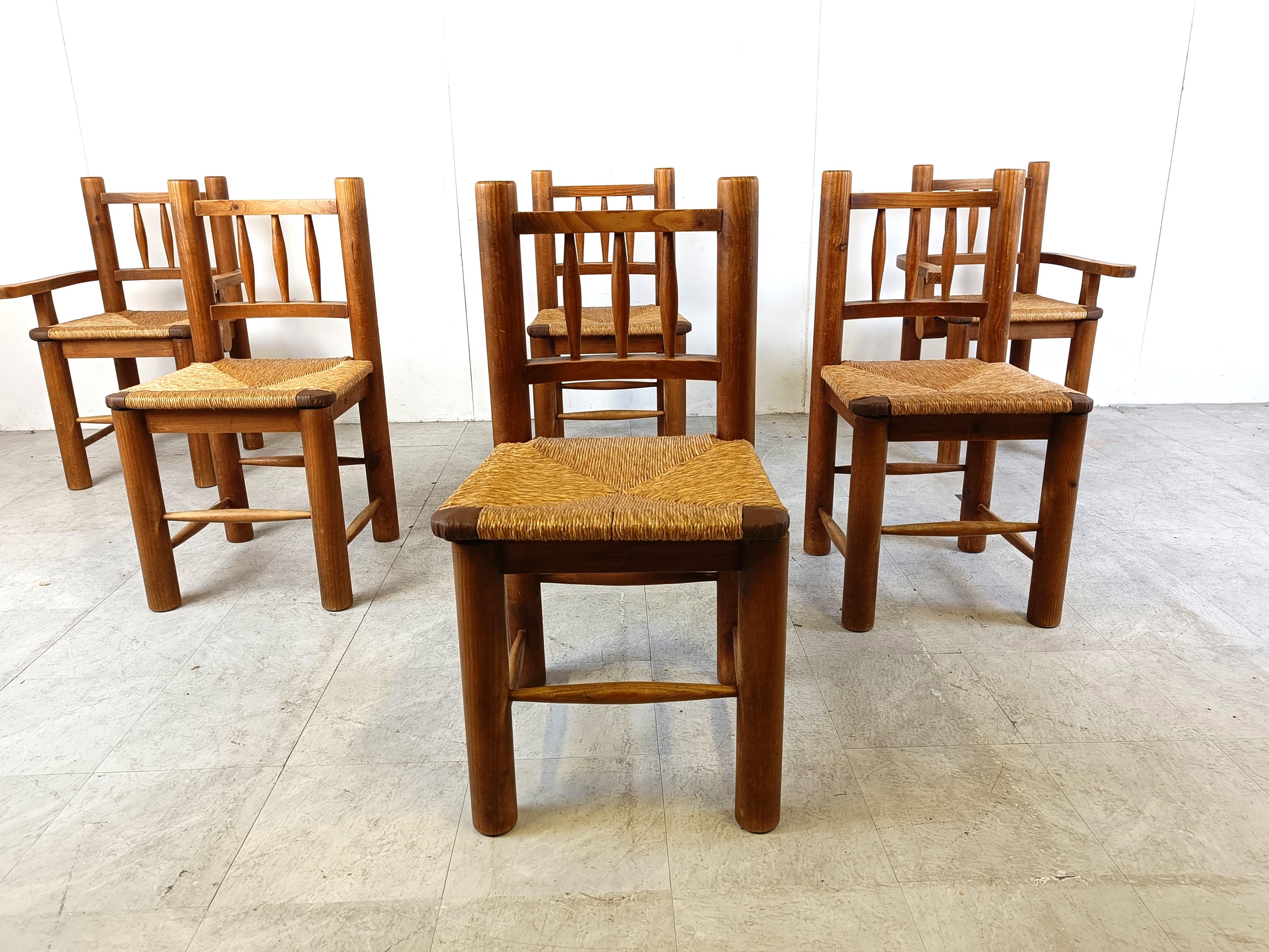 Belgian Vintage oak and wicker dining chairs, 1960s