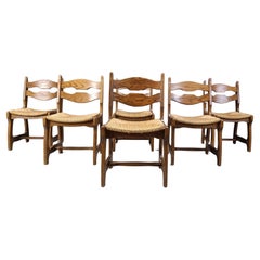 Used oak and wicker dining chairs, 1960s