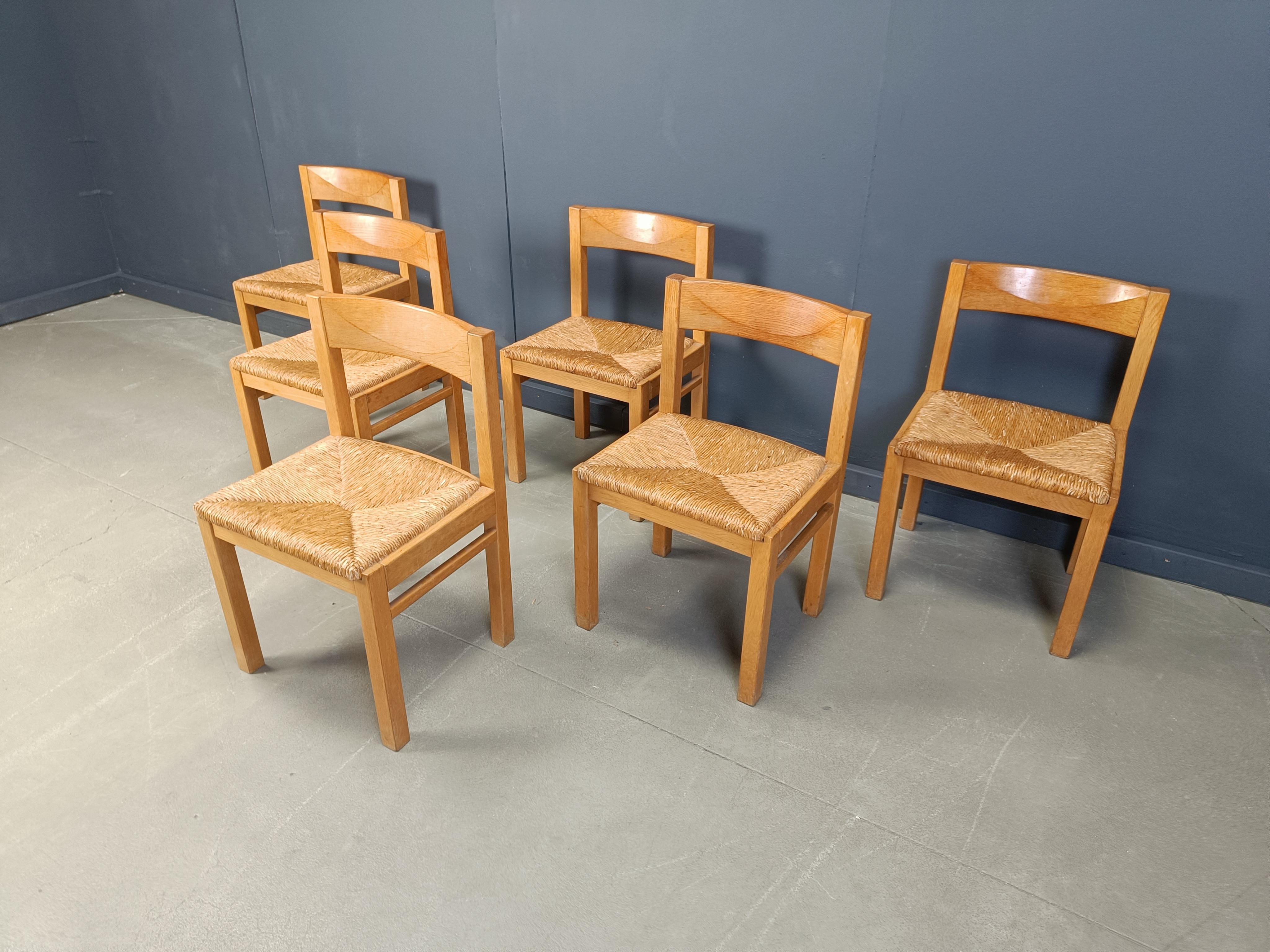 Set di 6 sedie da pranzo vintage in Oak e vimini in vendita 1