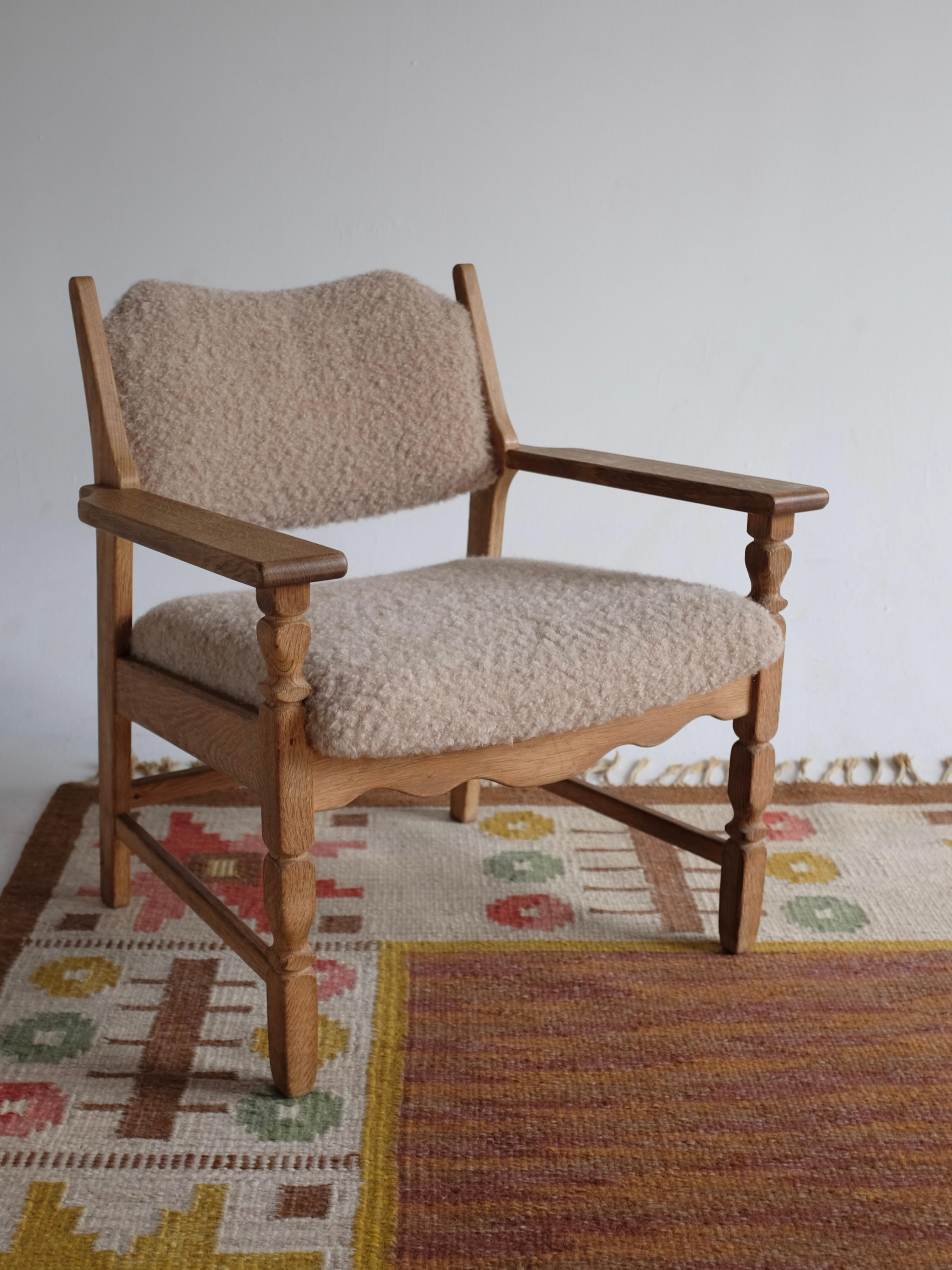 Bouclé Vintage Oak Arm Chair by Henning Kjærnulf