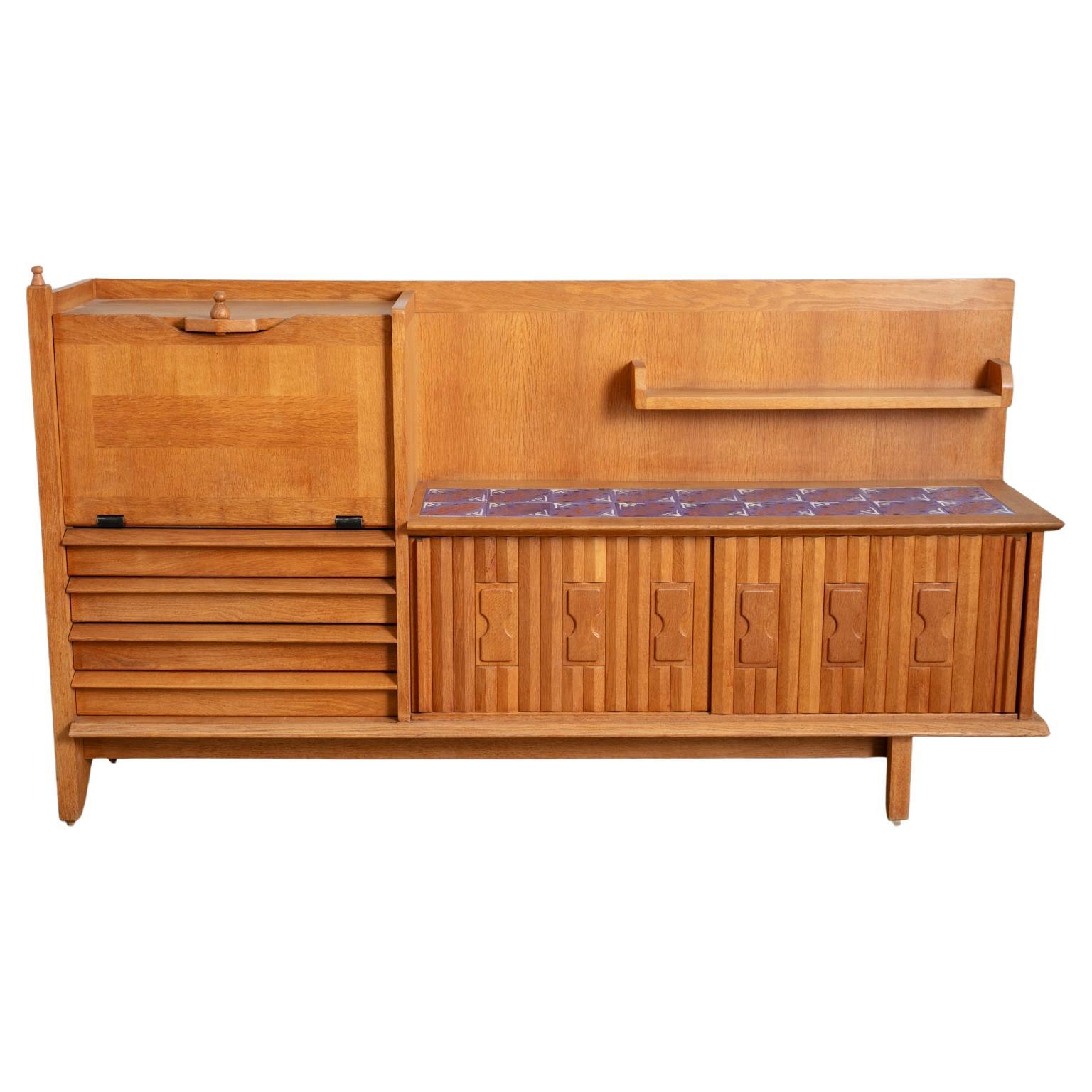 Vintage Oak Bar Cabinet by Guillerme Et Chambron with Tile Top