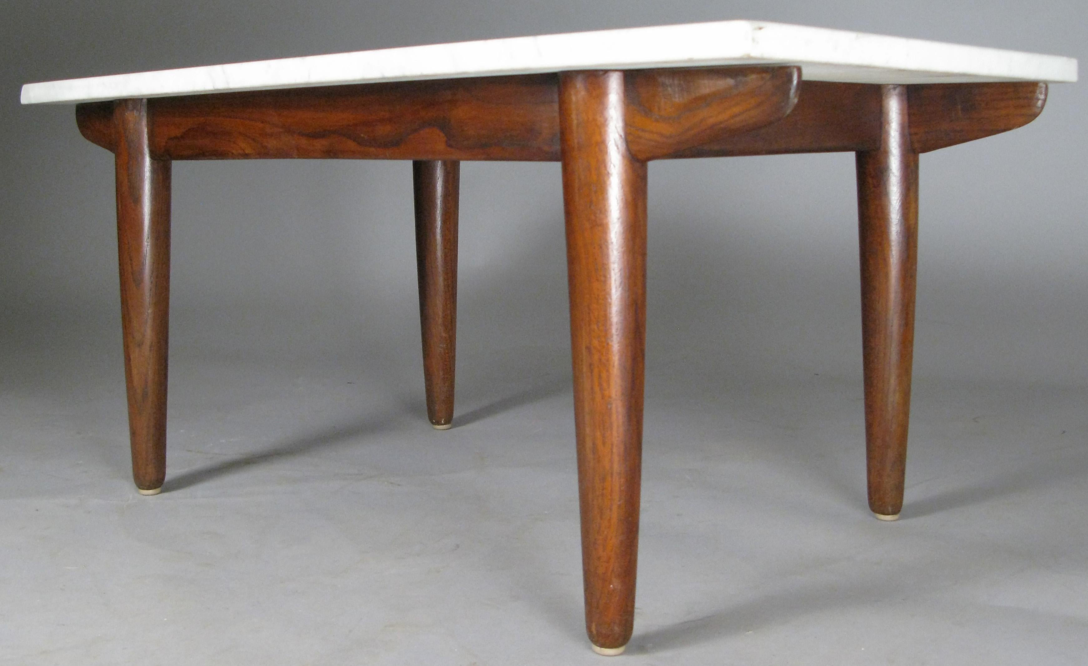 A very handsome 1950s coffee table with a base of beautifully grained oak, and a white & grey italian marble top.