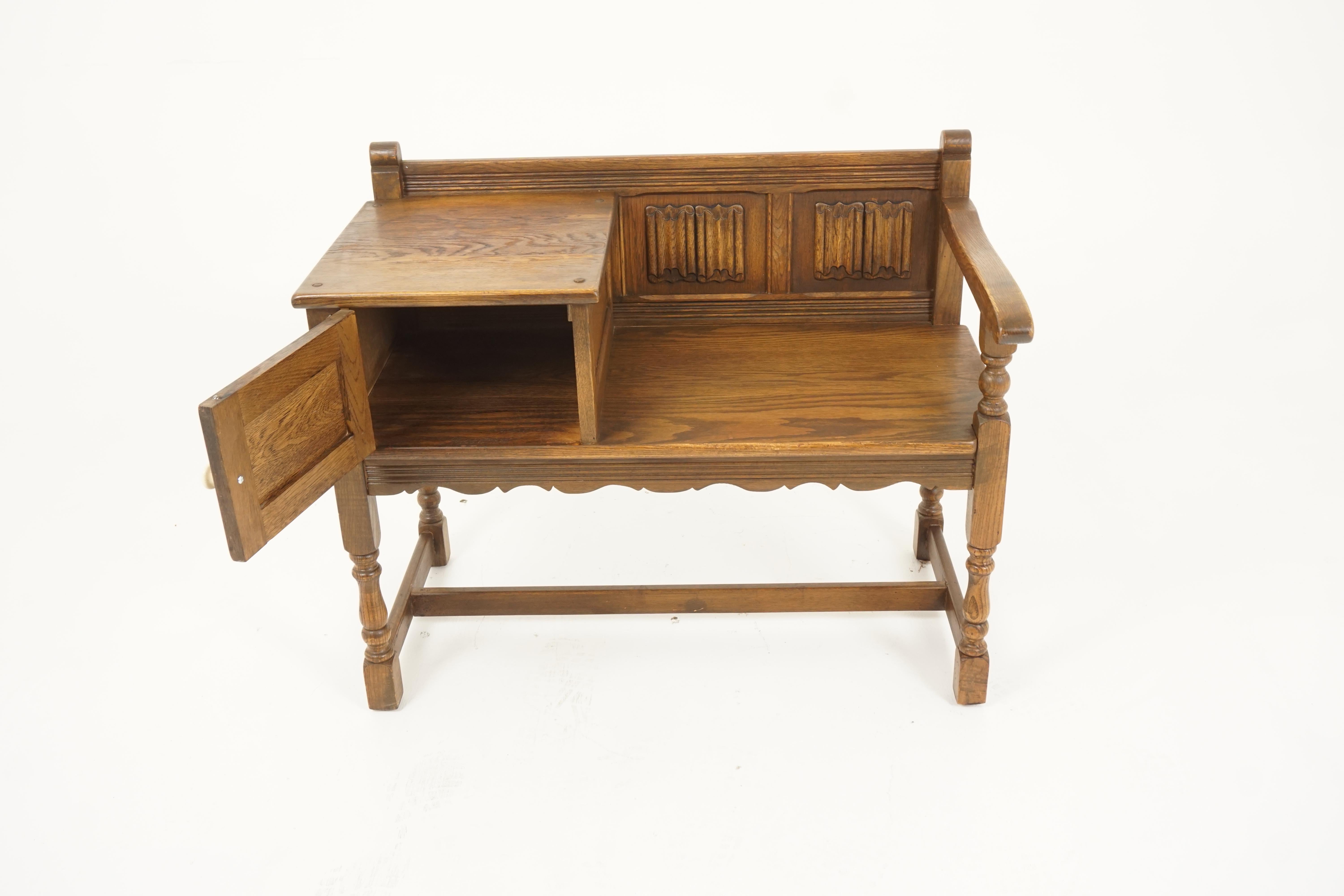 Vintage oak bench, carved oak, linen fold bench, Scotland 1940, B2707

Scotland 1940
Solid oak
Original finish
Linen fold back panel
Cupboard with carved door to the front and seat to the right
Shaped skirt underneath
Standing on four turned