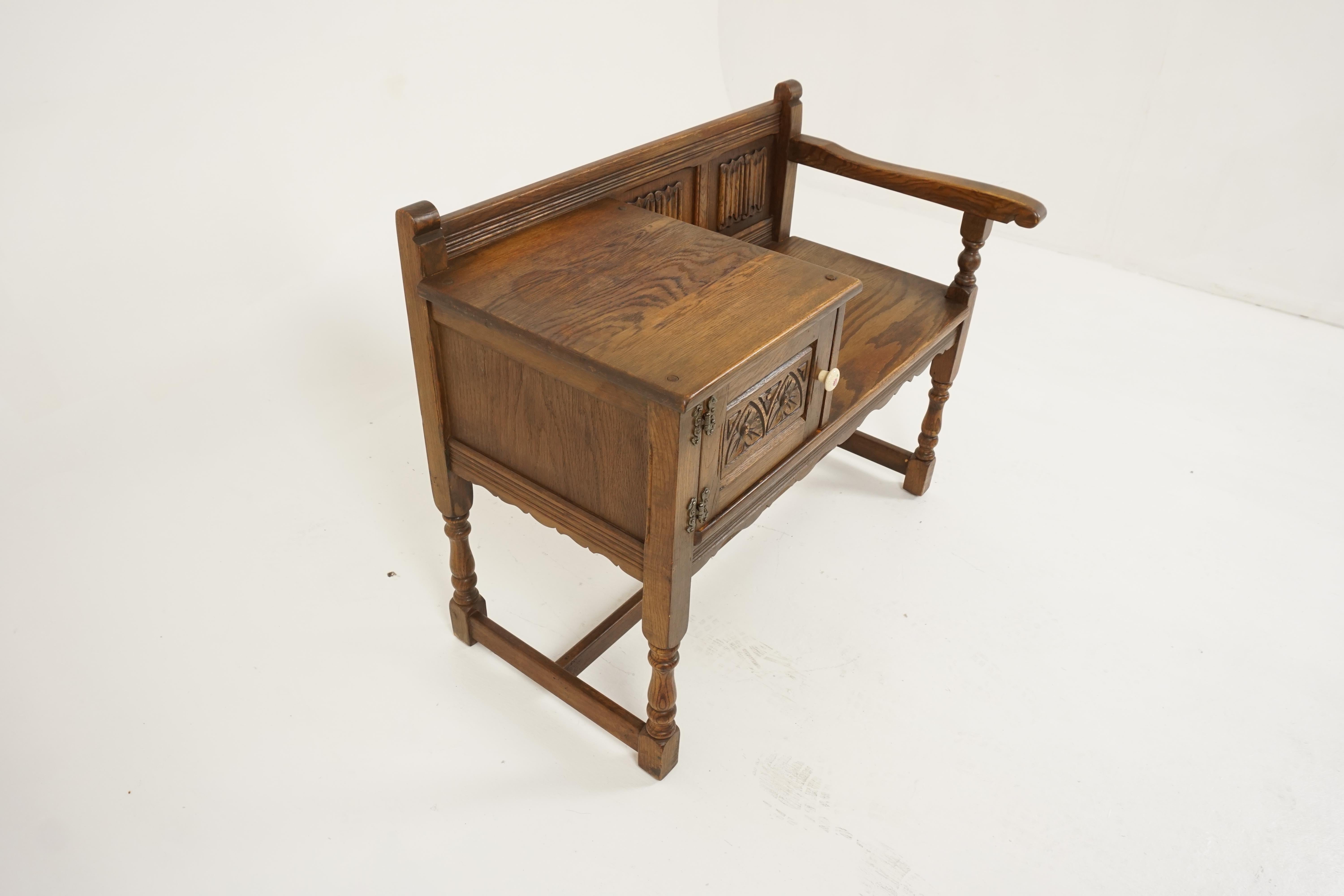Scottish Vintage Oak Bench, Carved Oak, Linen Fold Bench, Scotland 1940, B2707