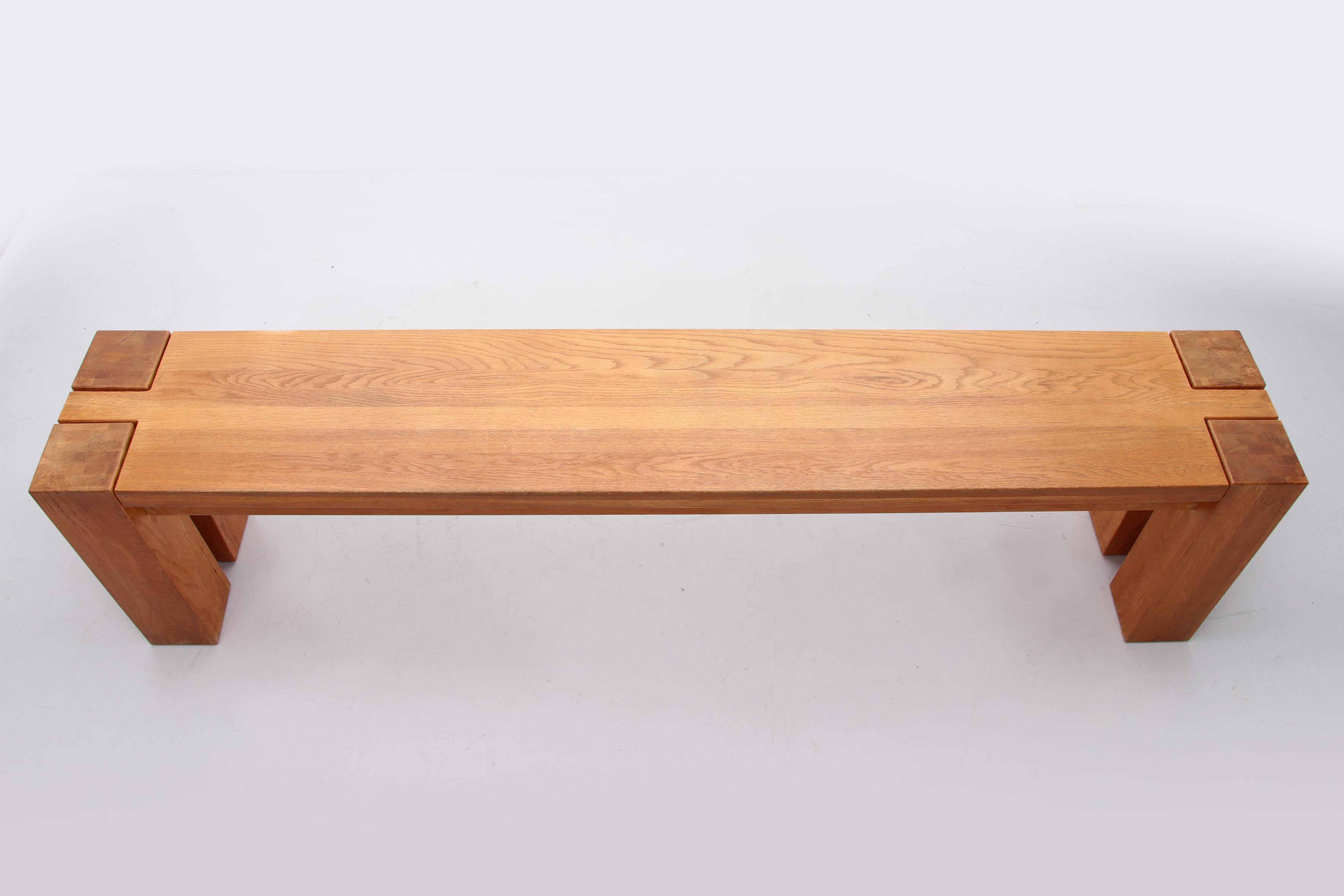 This is a beautiful heavy quality oak wooden bench.

It was bought and made in the South of France in the 1960s.

This sofa is very similar to Charlotte Perriand's idea made by Les Arcs.

Sustainable: environmentally conscious By supplementing