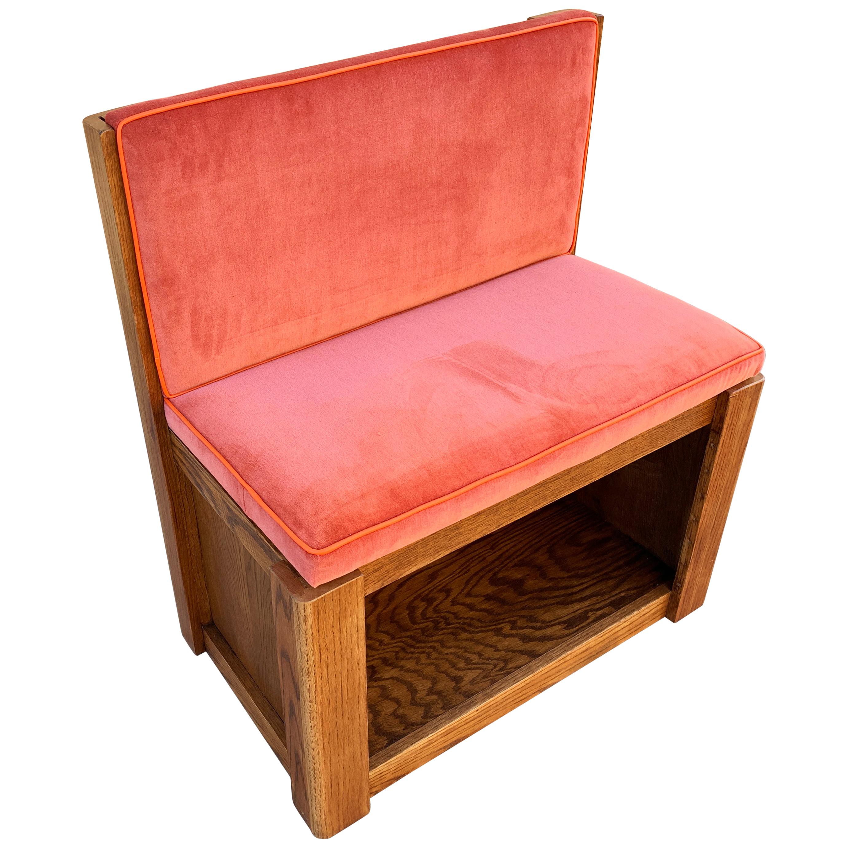 Vintage Oak Bench with Velvet Seat and Storage, Newly Upholstered