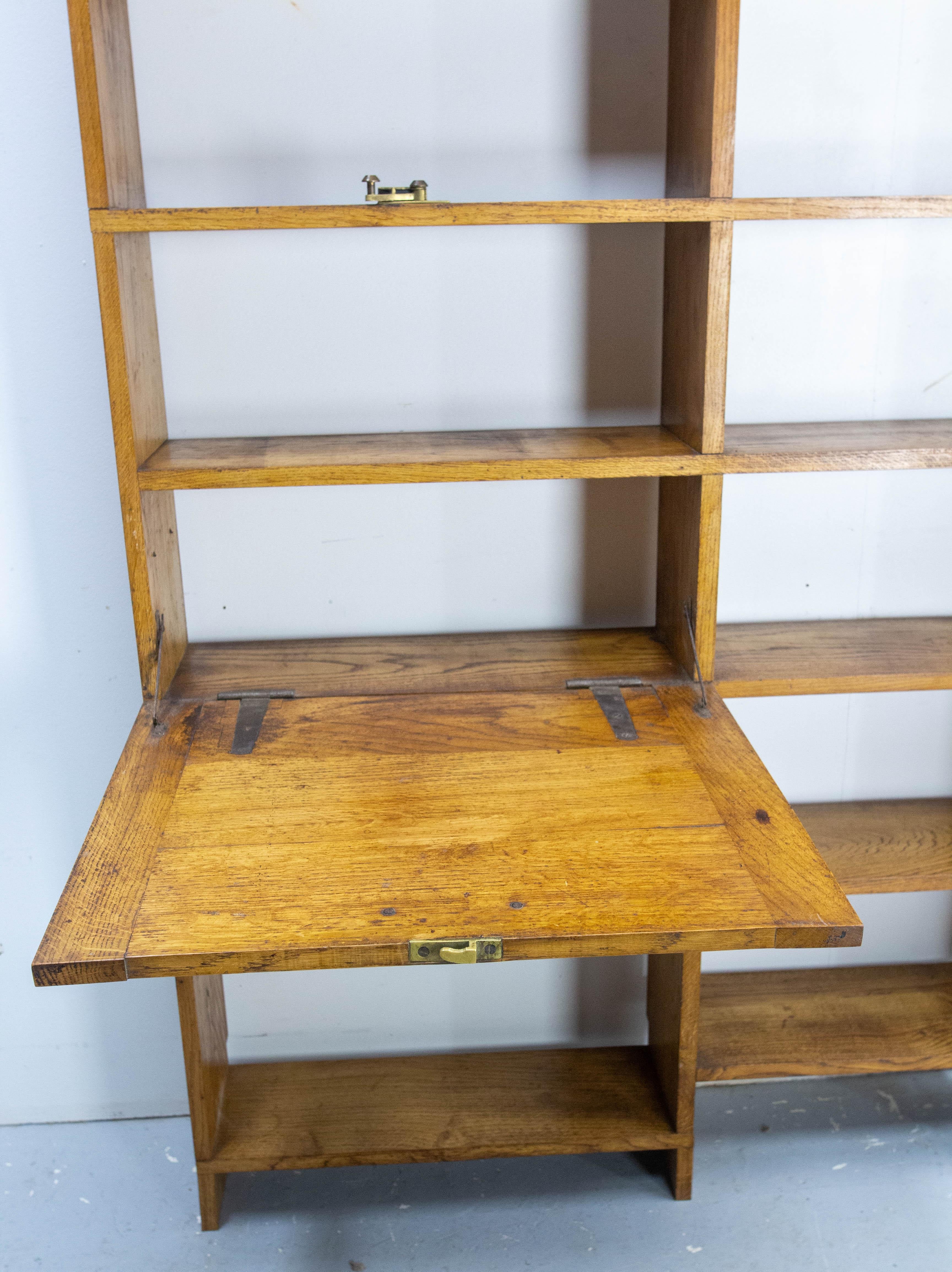 Vintage Oak Bookcase Folding Desk Shelves French Midcentury in vendita 6