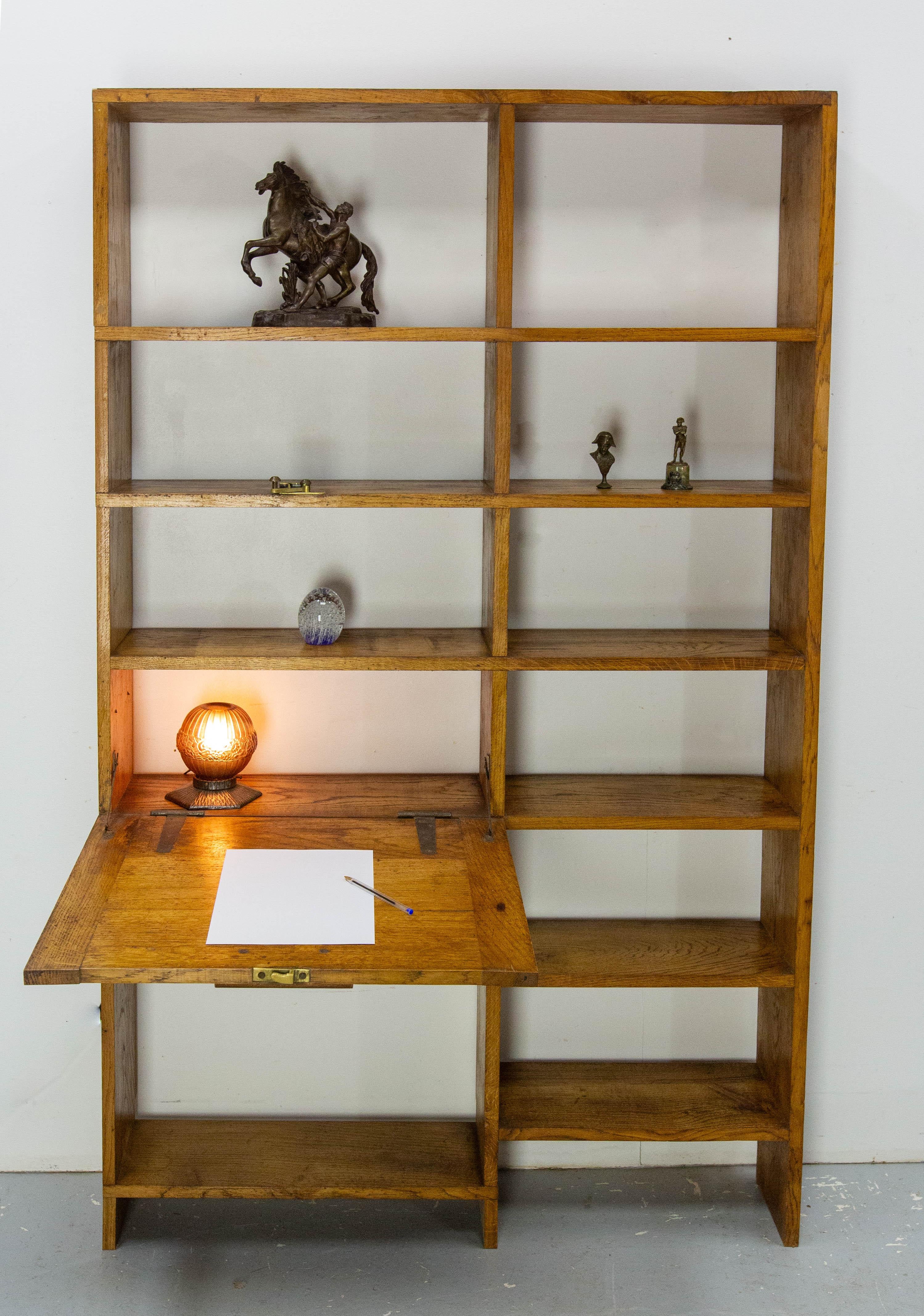 Vintage Oak Bookcase Folding Desk Shelves French Midcentury in vendita 7