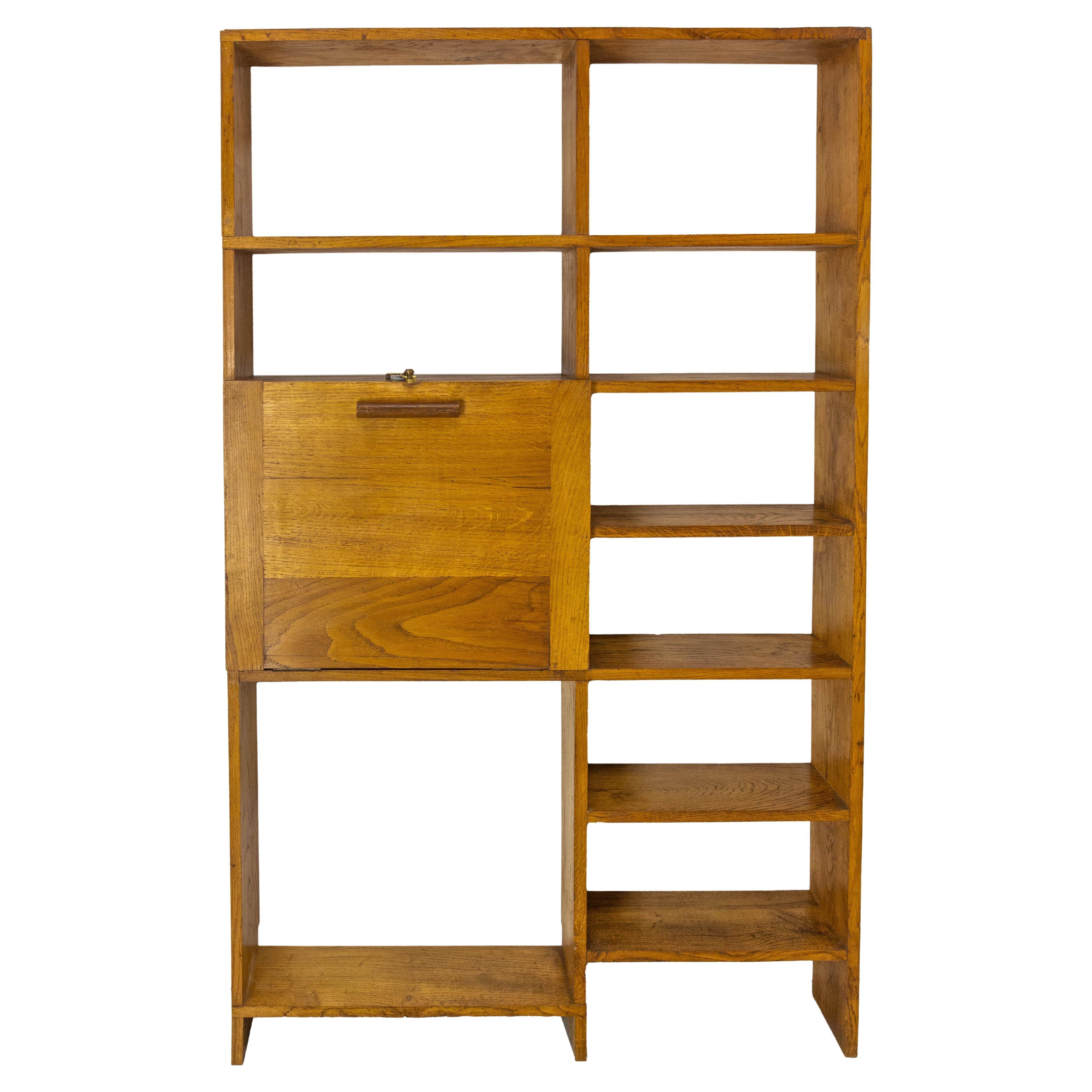 Vintage Oak Bookcase Folding Desk Shelves French Midcentury in vendita