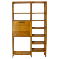 Vintage Oak Bookcase Folding Desk Shelves French Midcentury