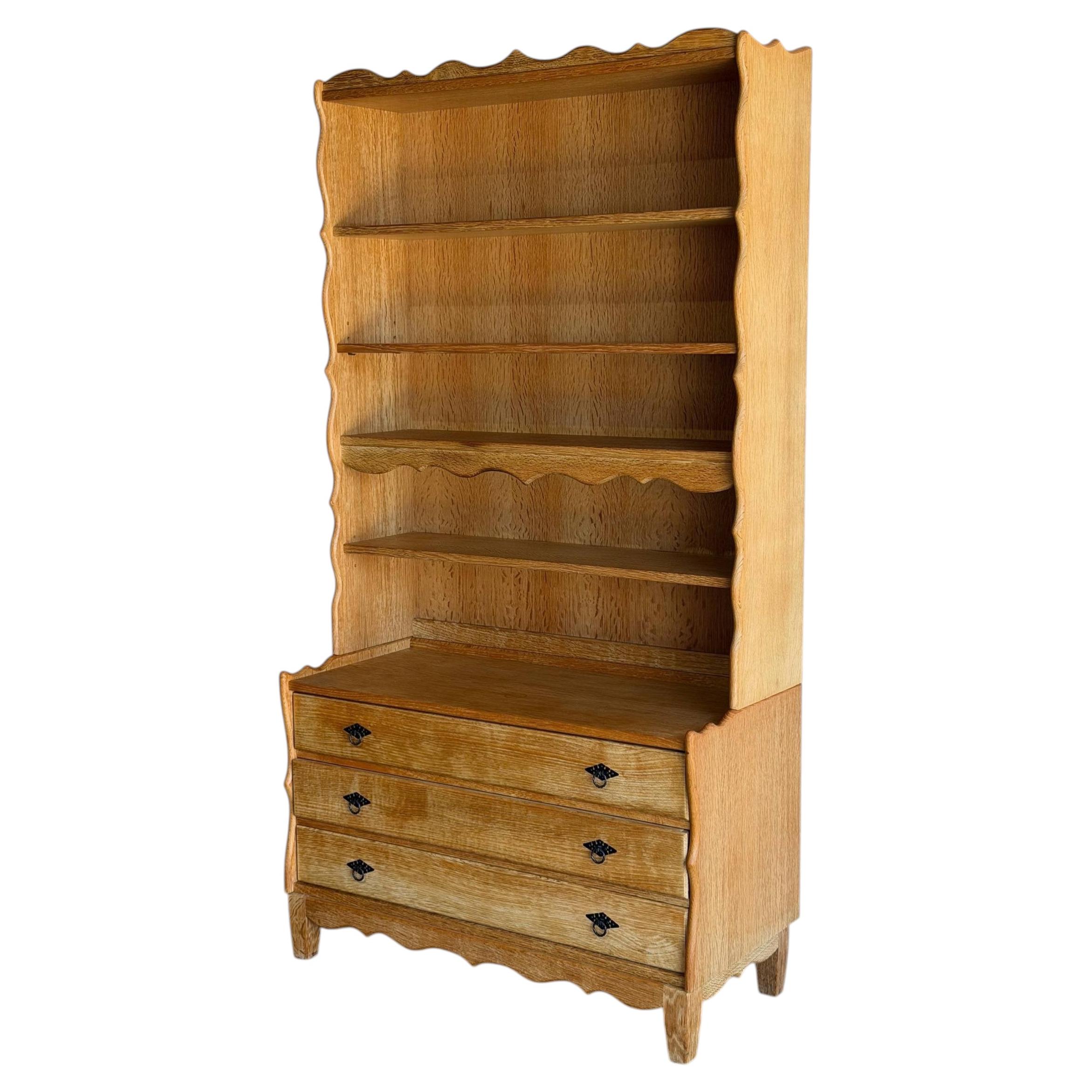 Vintage Oak Bookcase with Drawers Danish Open Shelving Unit 1970s For Sale