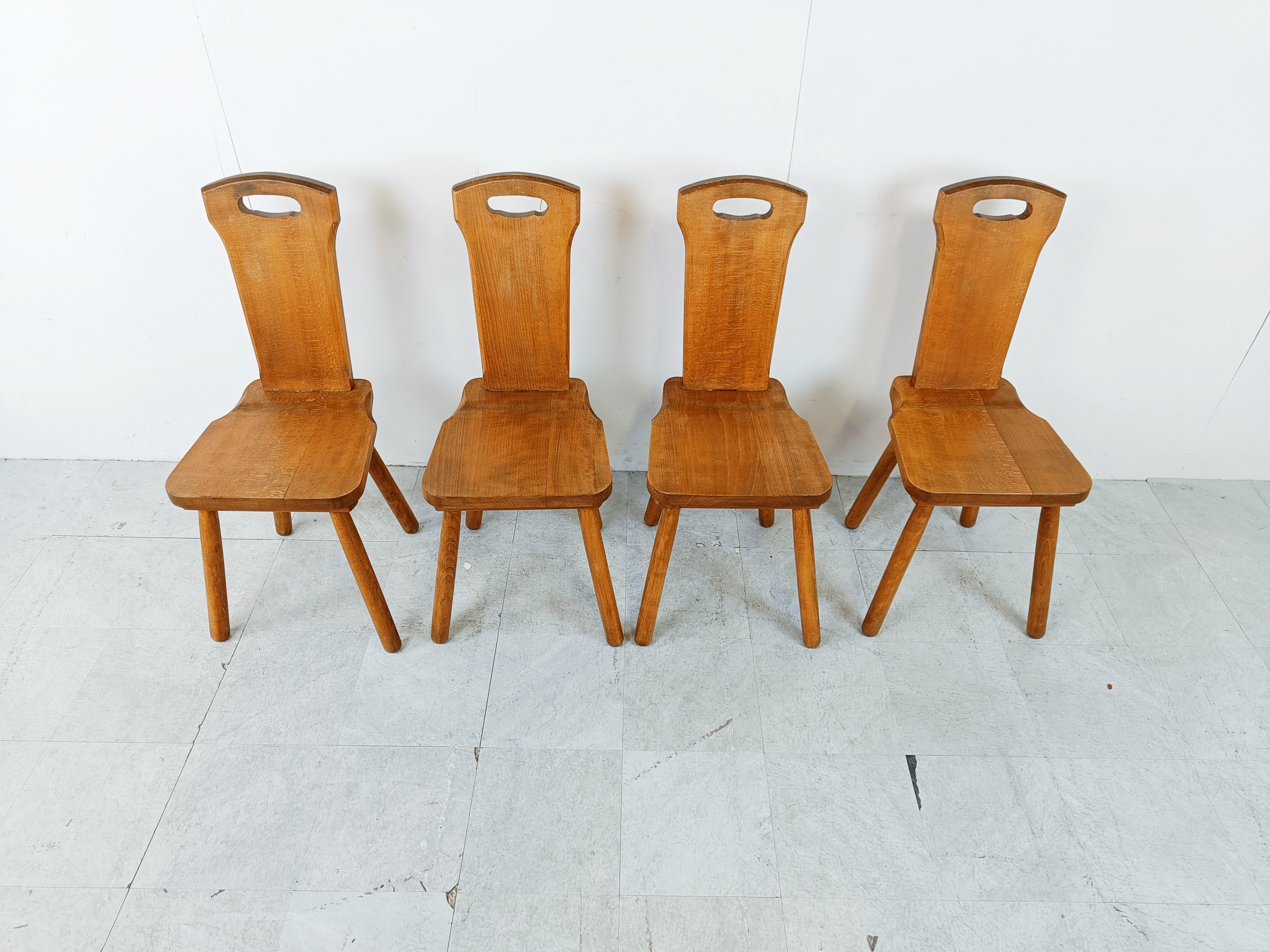 Vintage solid oak swedish dining chairs

These rustic chairs where handcrafted.

Good condition with normal age related wear

1960s - Sweden

Dimensions:
Height: 96cm/37.79