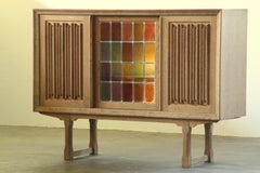 Vintage Oak Cabinet, Stained Glass Display Denmark 1960s Henning Kjærnulf