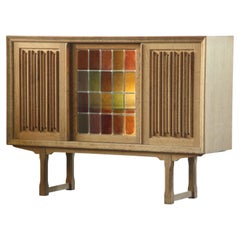 Vintage Oak Cabinet, Stained Glass Display Denmark 1960s Henning Kjærnulf