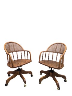 Vintage Oak Cane Back Swivel Captain’s Desk Chairs by Min-Lee for Winners Only