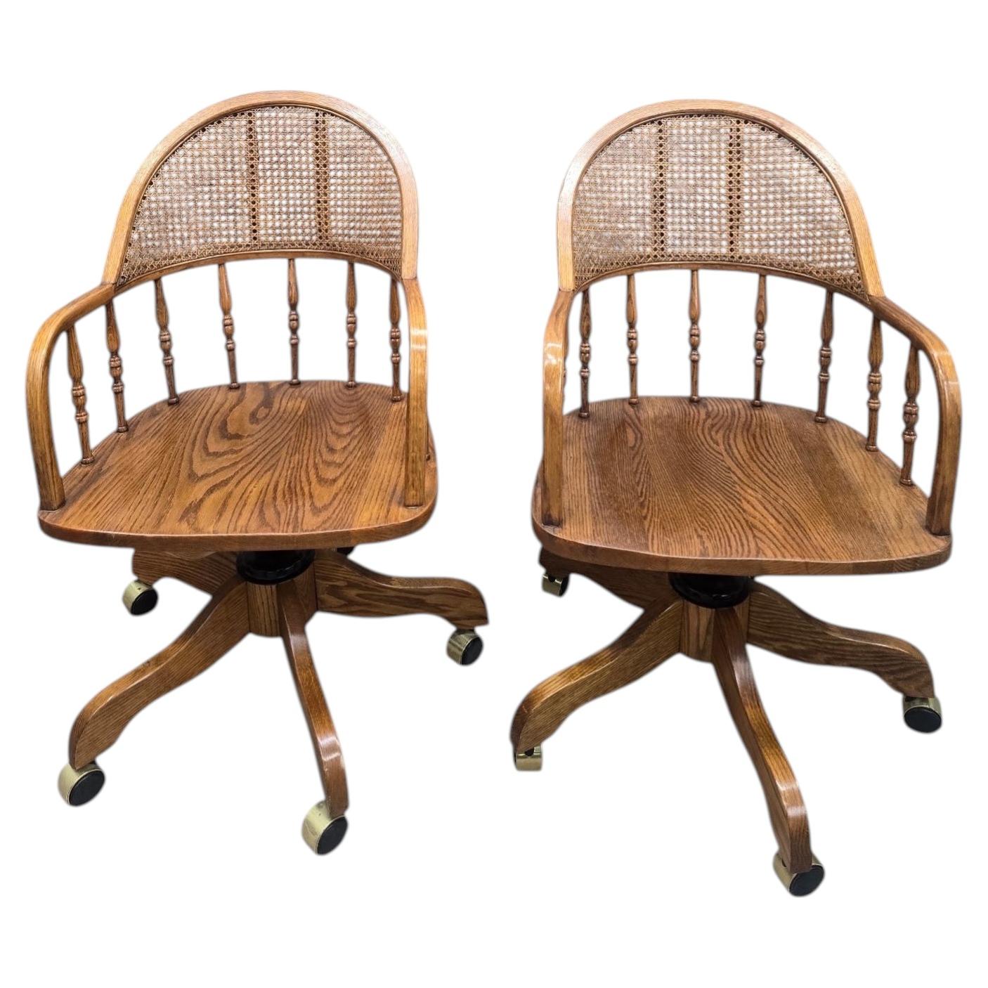 Vintage Oak Cane Back Swivel Captain’s Desk Chairs by Min-Lee for Winners Only For Sale