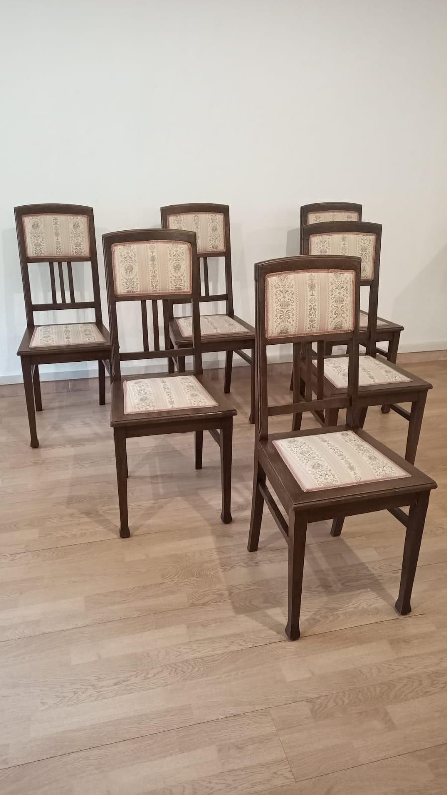 Vintage Oak Chairs, Set of 6 20th Century Classical Revivals Original Silk For Sale 4