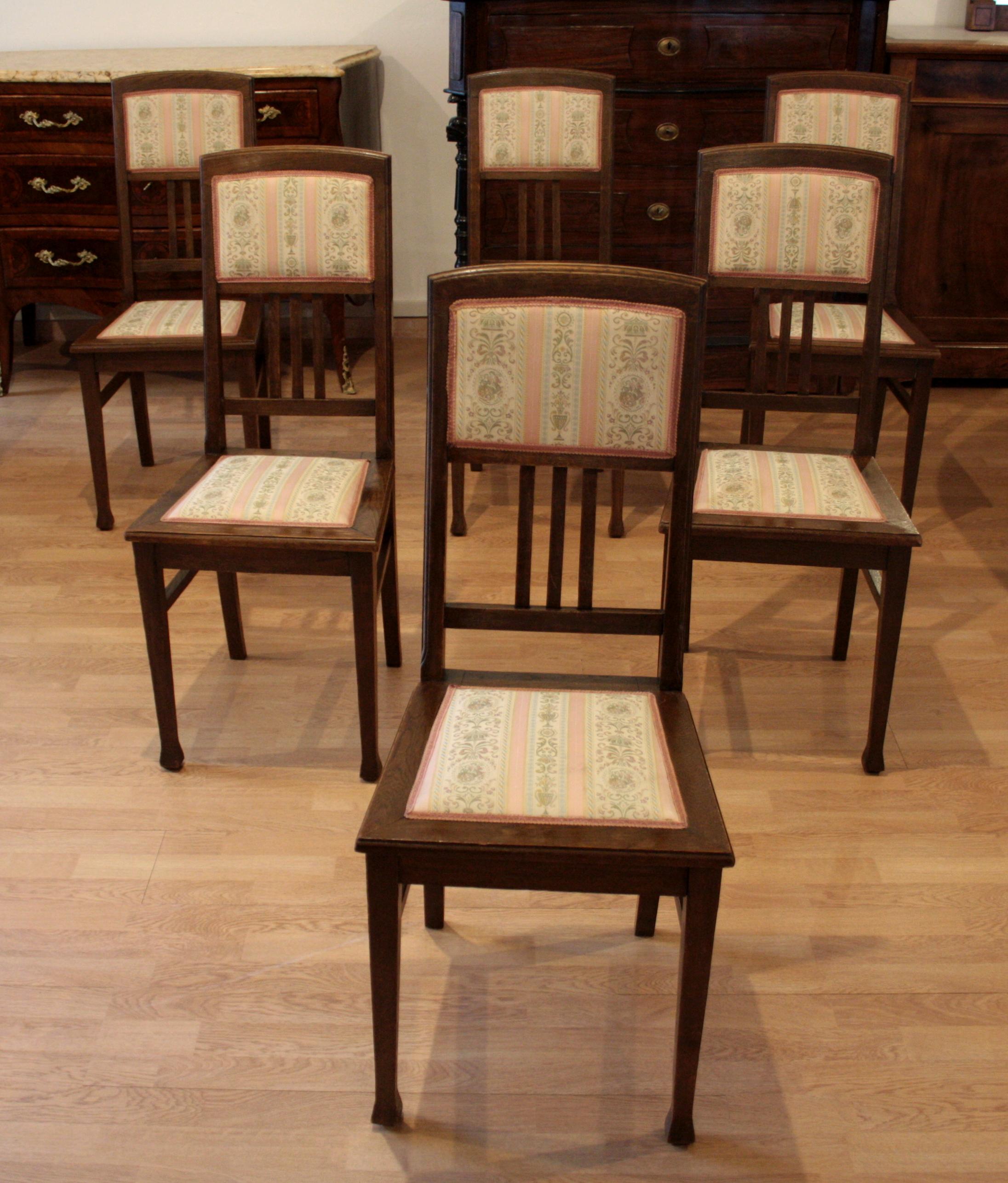 Vintage Oak Chairs, Set of 6 20th Century Classical Revivals Original Silk For Sale 6
