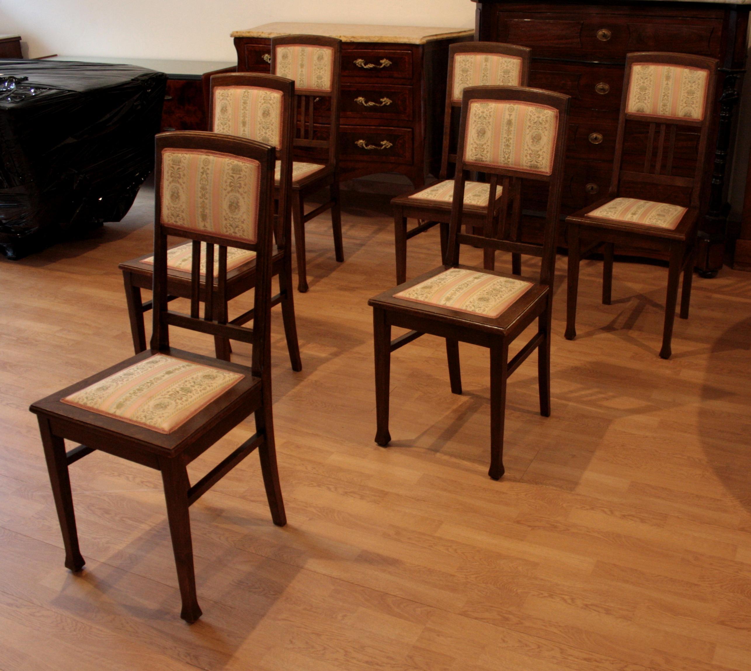 Vintage Oak Chairs, Set of 6 20th Century Classical Revivals Original Silk For Sale 7