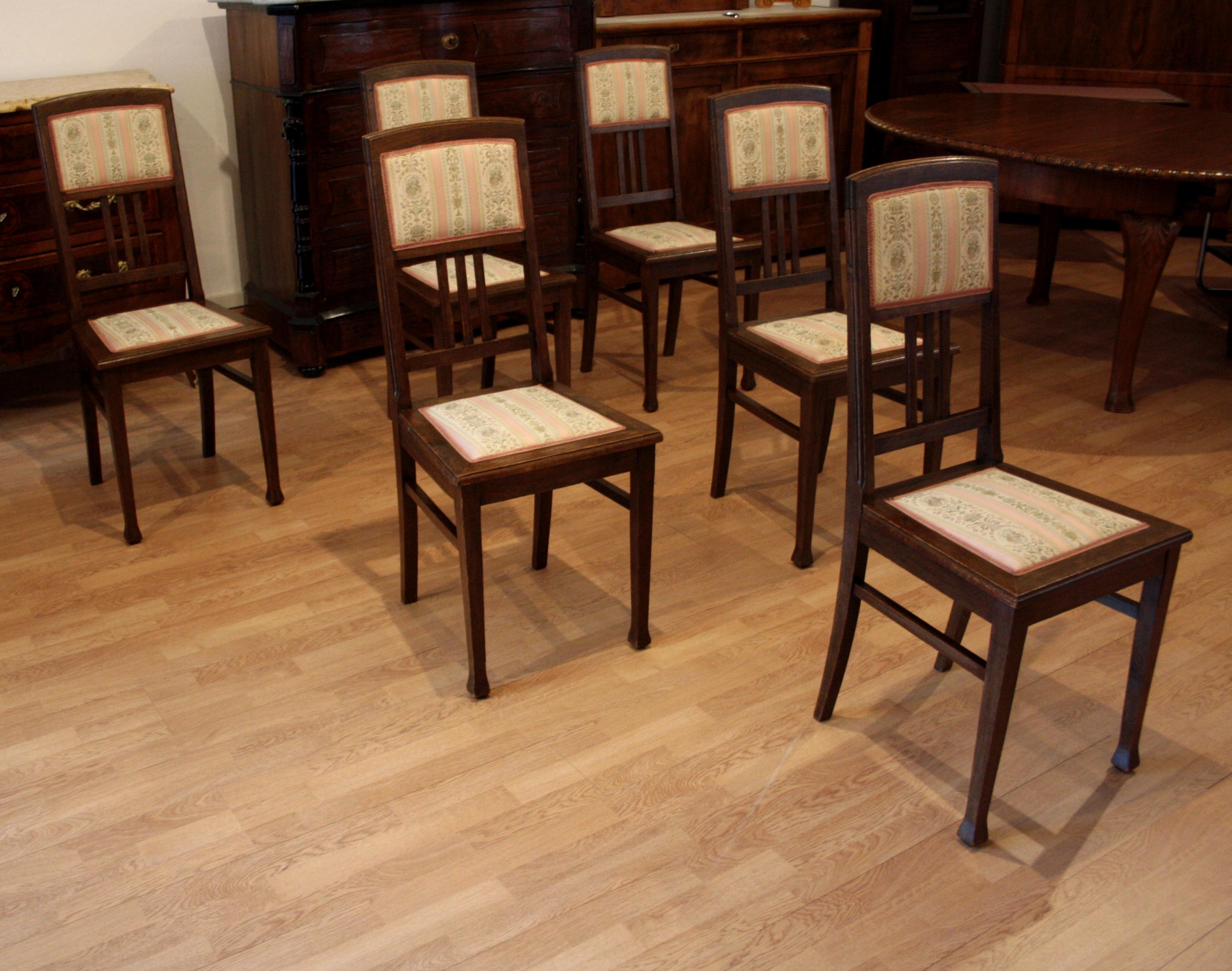 Vintage Oak Chairs, Set of 6 20th Century Classical Revivals Original Silk For Sale 8