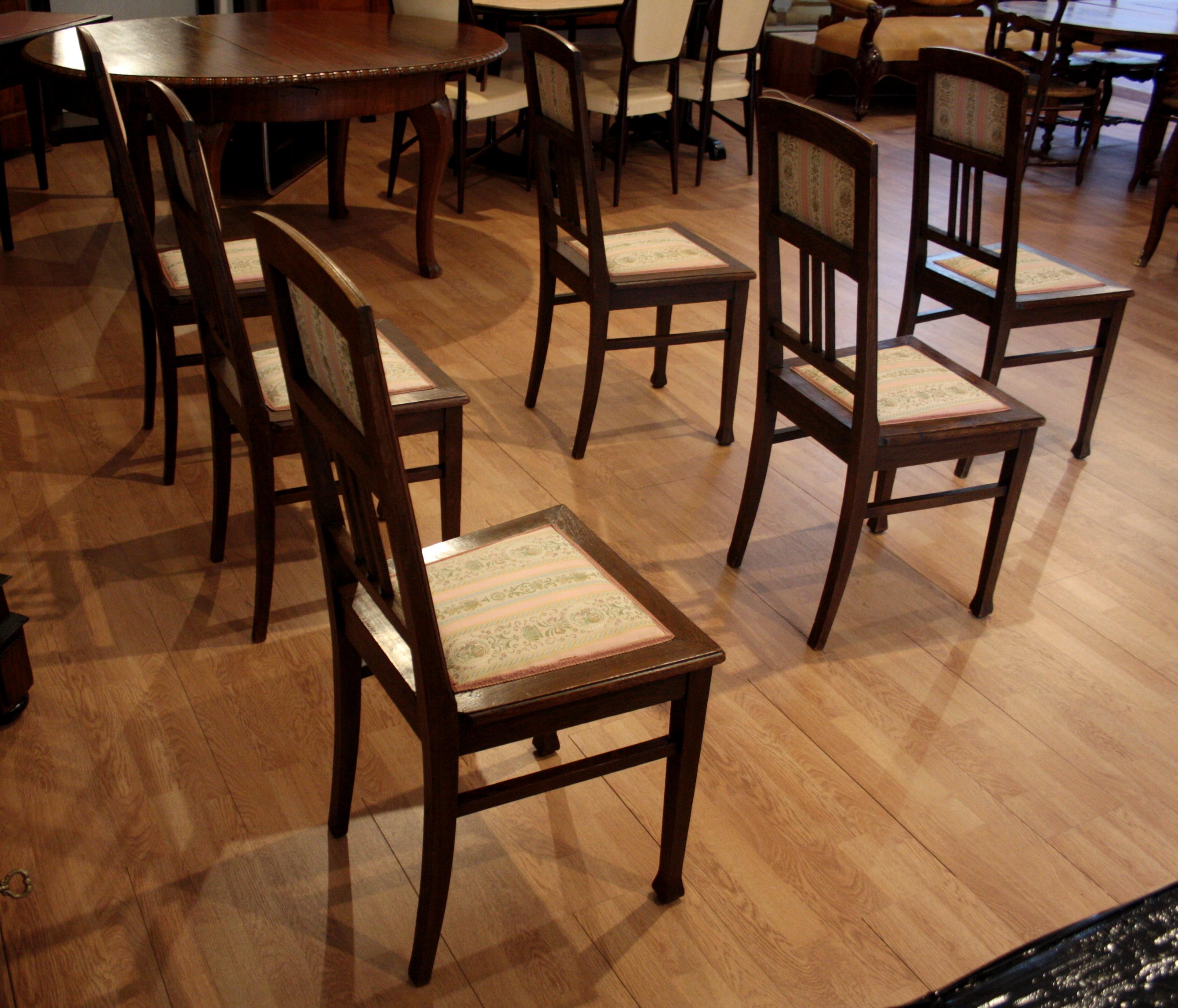Vintage Oak Chairs, Set of 6 20th Century Classical Revivals Original Silk For Sale 9