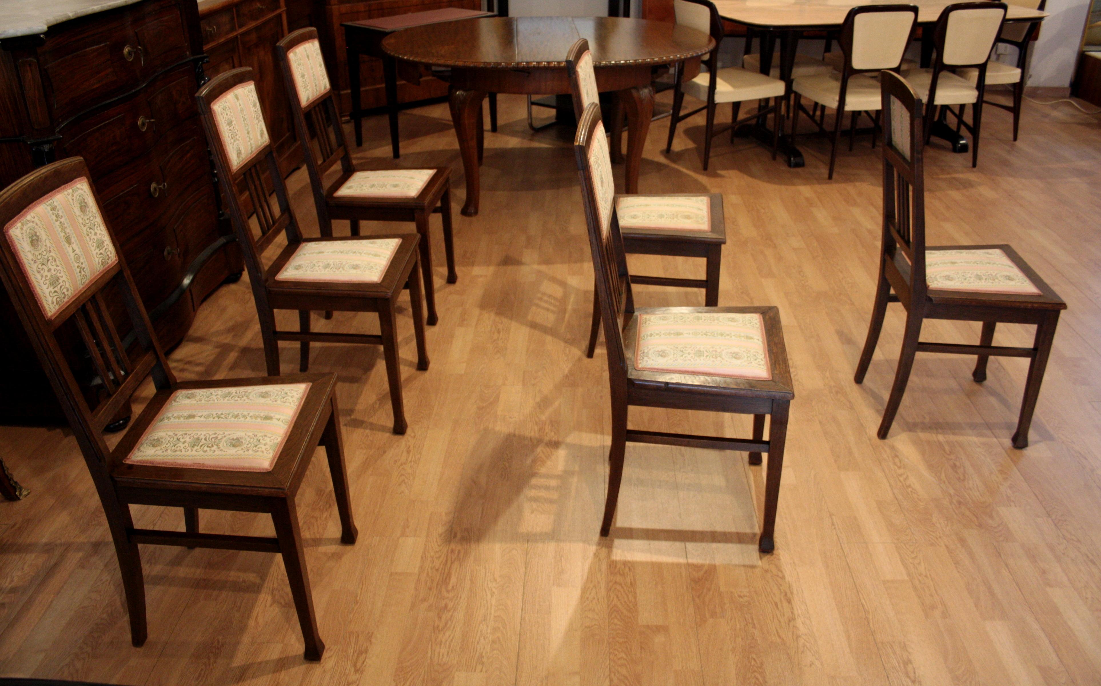 Vintage Oak Chairs, Set of 6 20th Century Classical Revivals Original Silk For Sale 10