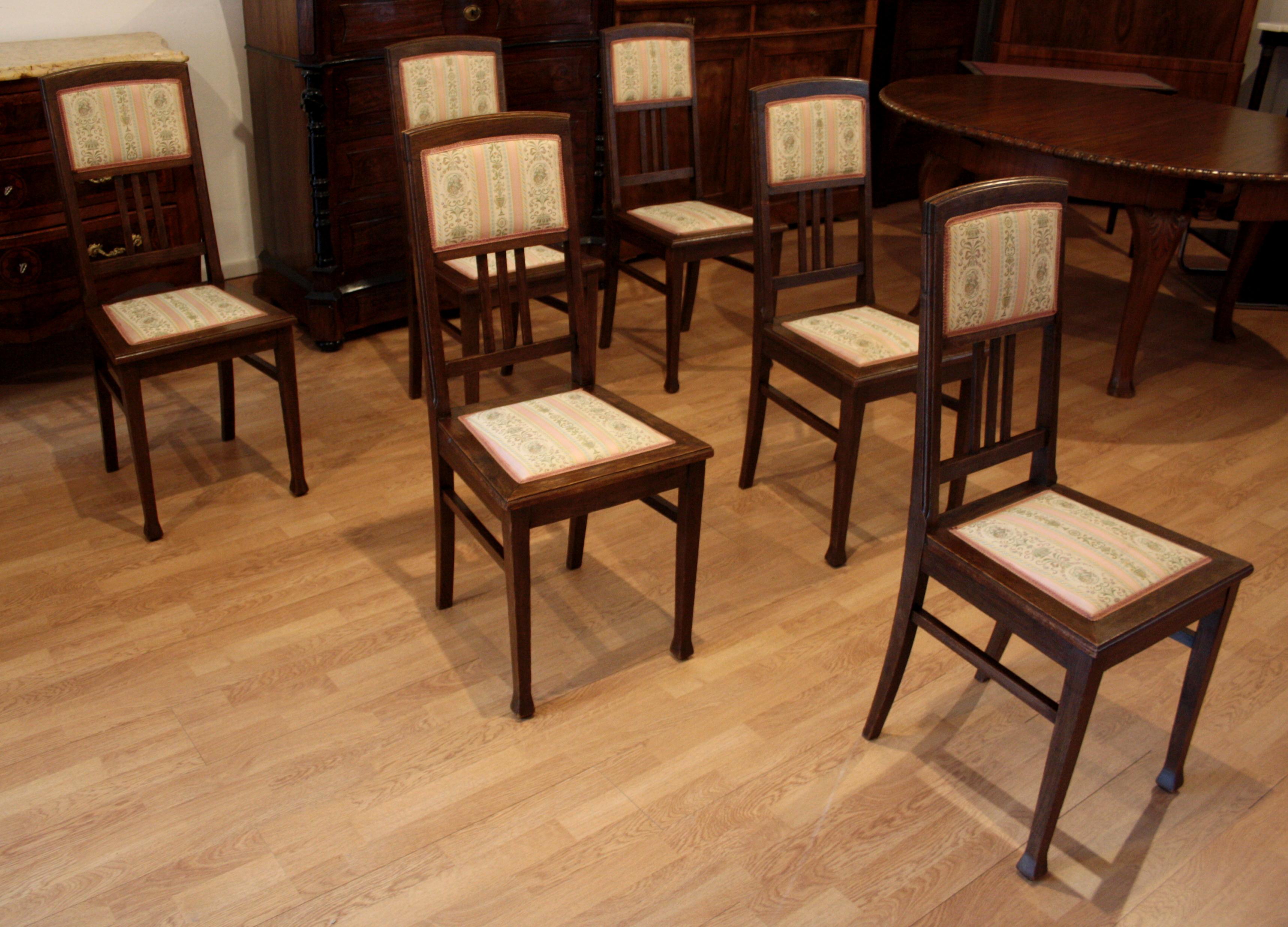 Vintage Oak Chairs, Set of 6 20th Century Classical Revivals Original Silk For Sale 11