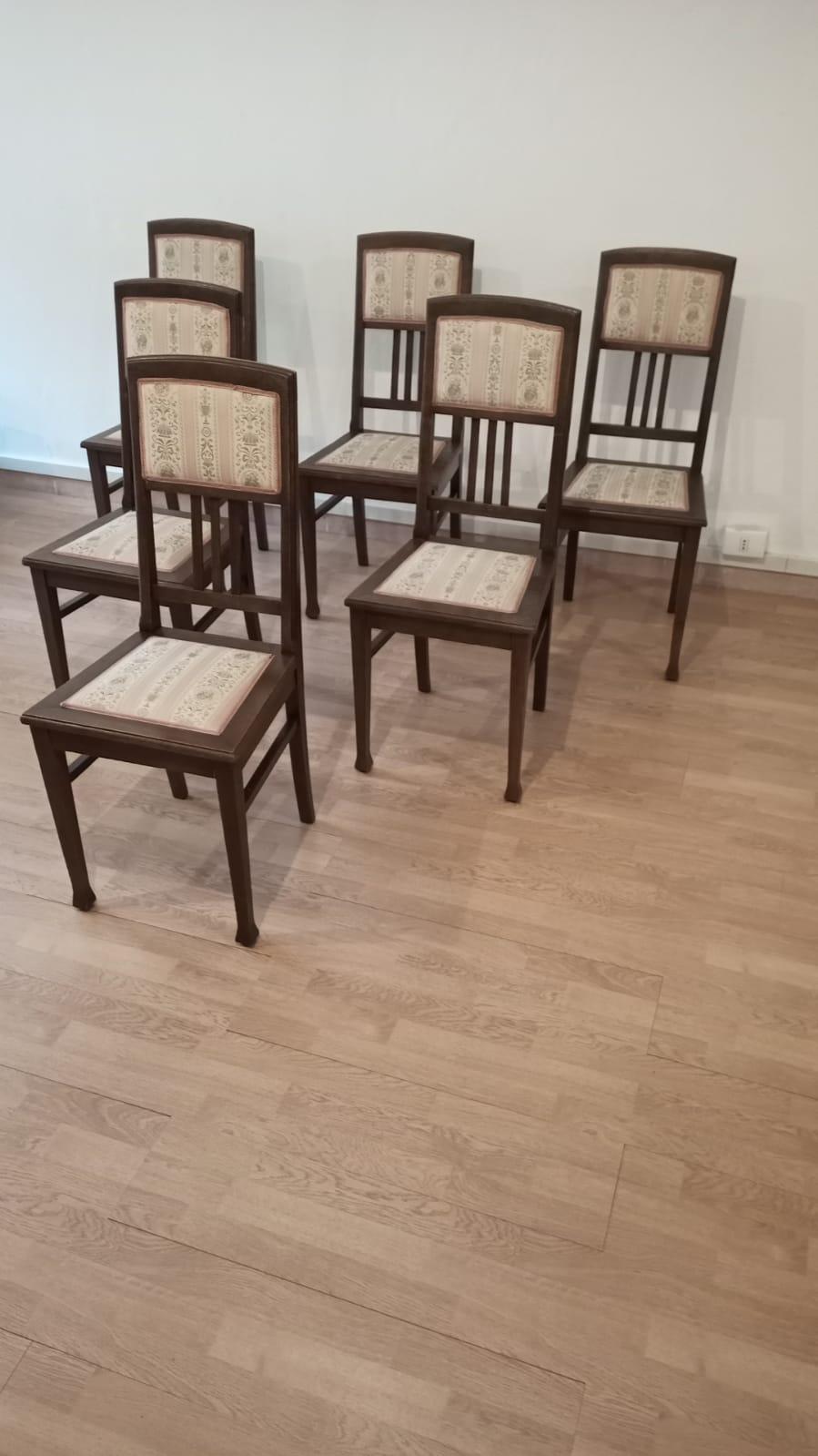 Empire Revival Vintage Oak Chairs, Set of 6 20th Century Classical Revivals Original Silk For Sale