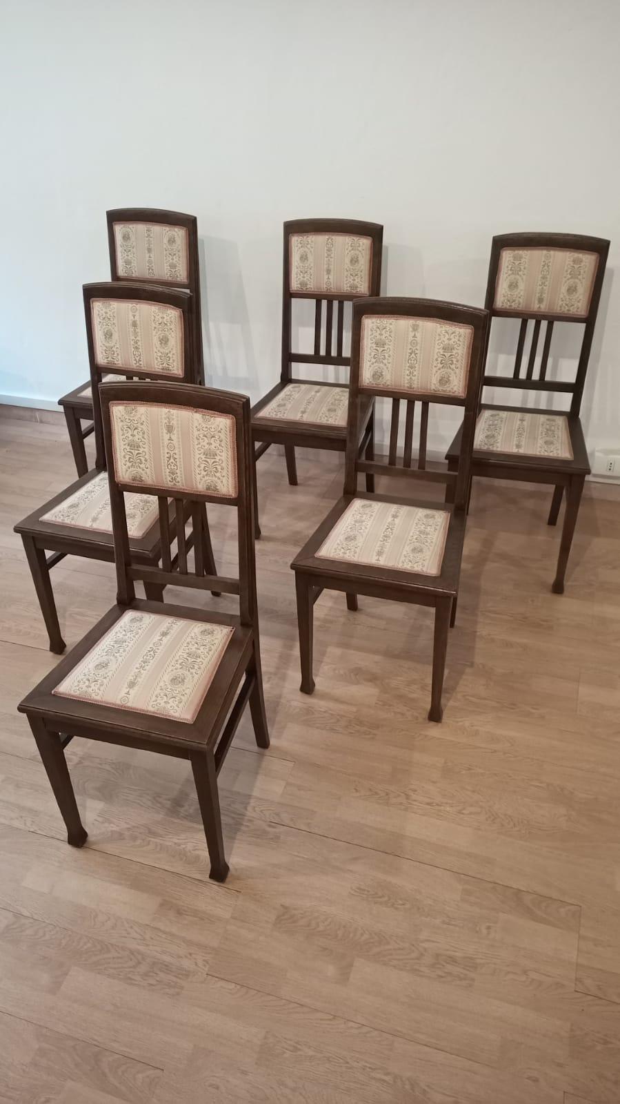 Italian Vintage Oak Chairs, Set of 6 20th Century Classical Revivals Original Silk For Sale